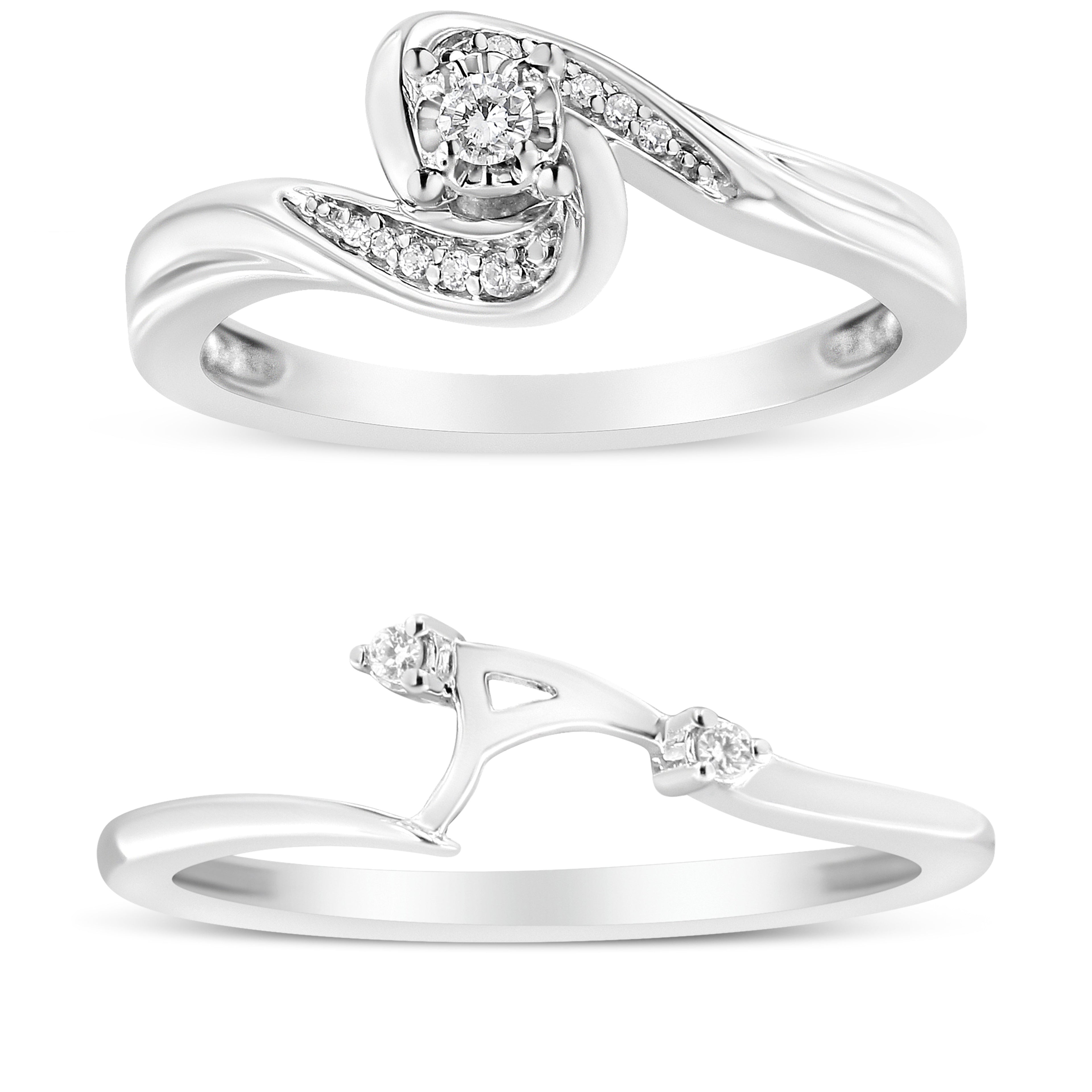 .925 Sterling Silver 1/10 Cttw Diamond Swirl and Bypass Bridal Set Ring and Band (I-J Color, I3 Clarity) - Size 7 by Bids.com