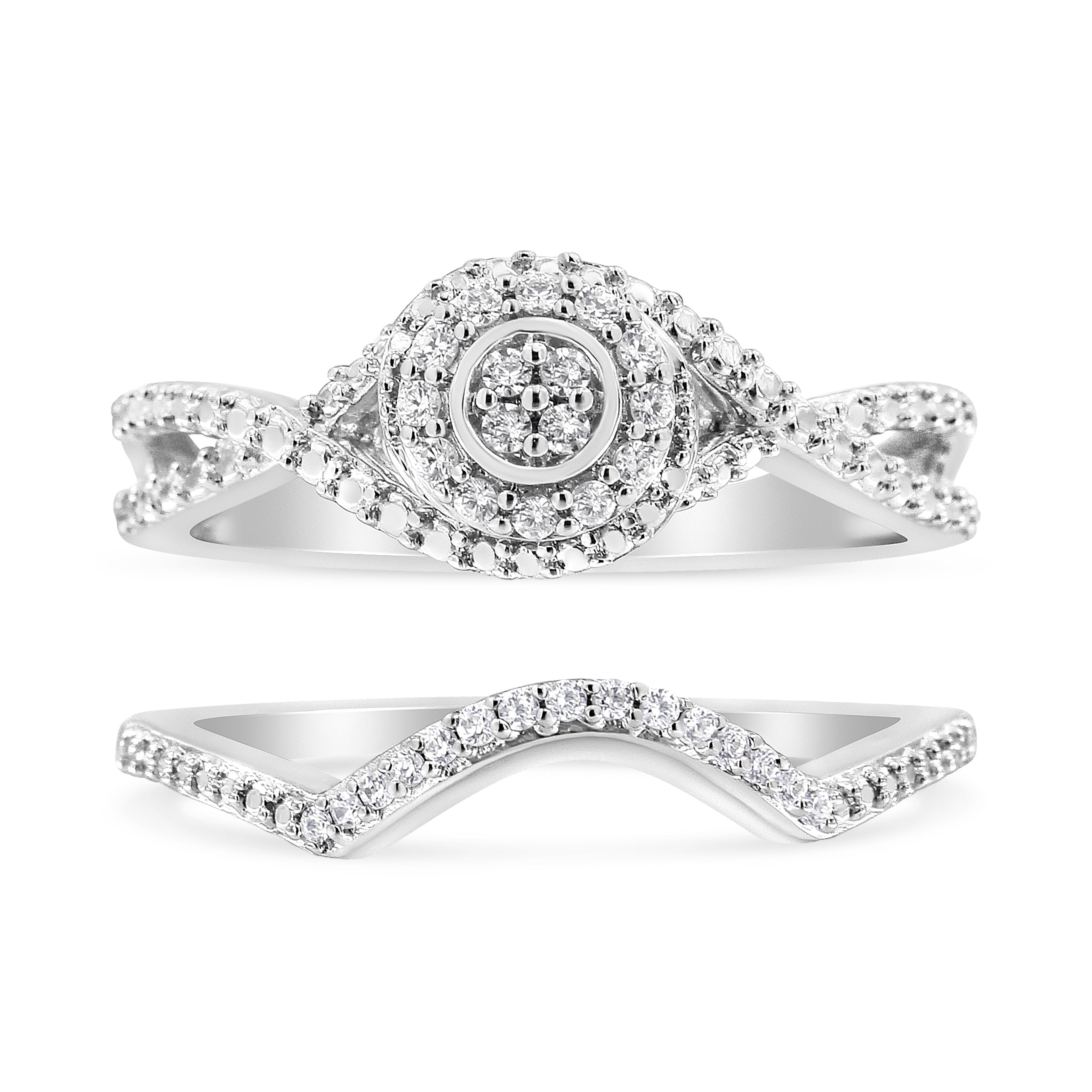 .925 Sterling Silver 1/6 Cttw Diamond Composite Halo and Split Shank Bridal Set Ring and Band (I-J Color, I3 Clarity) - Size 7 by Bids.com