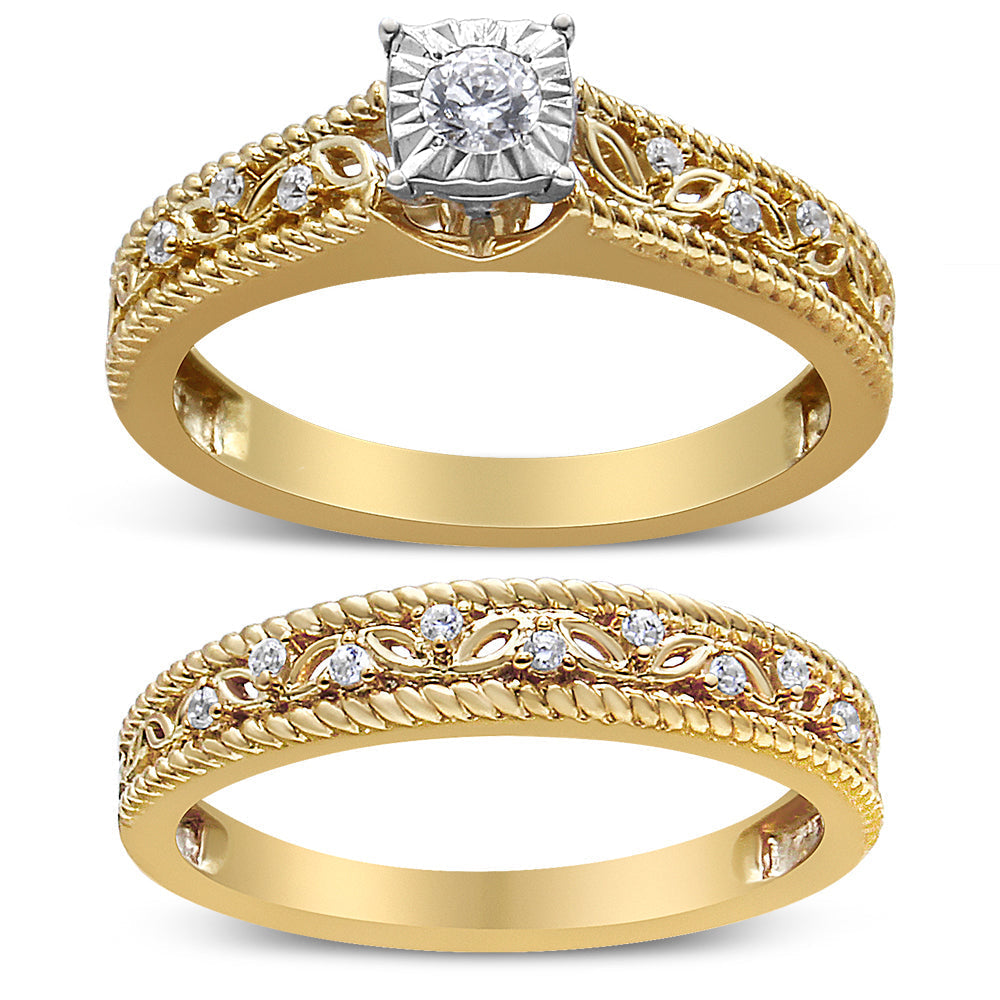 14K Yellow Gold Plated .925 Sterling Silver 1/5 Cttw Diamond Art Deco Style Engagement Ring Bridal Set (I-J Color, I3 Clarity) - Ring Size 7 DestGlow