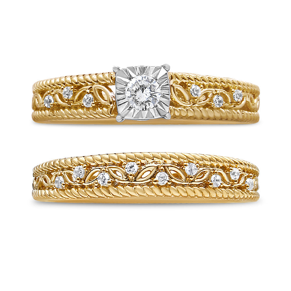 14K Yellow Gold Plated .925 Sterling Silver 1/5 Cttw Diamond Art Deco Style Engagement Ring Bridal Set (I-J Color, I3 Clarity) - Ring Size 7 DestGlow