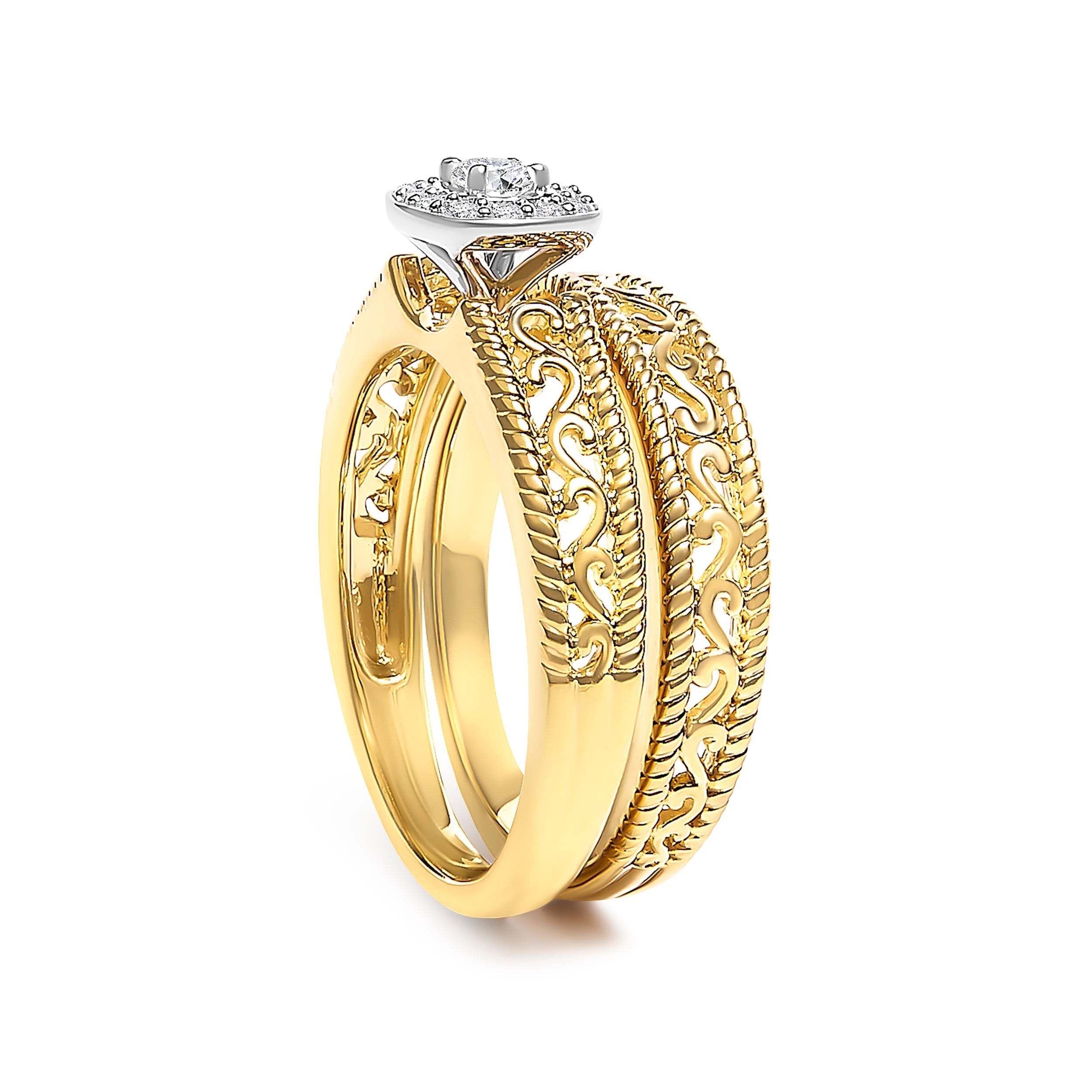 14K Yellow Gold Plated .925 Sterling Silver 1/5 Cttw Diamond Halo and Milgrain Finish Engagement Ring Bridal Set (I-J Color I3 Clarity) - Size 7 by Bids.com