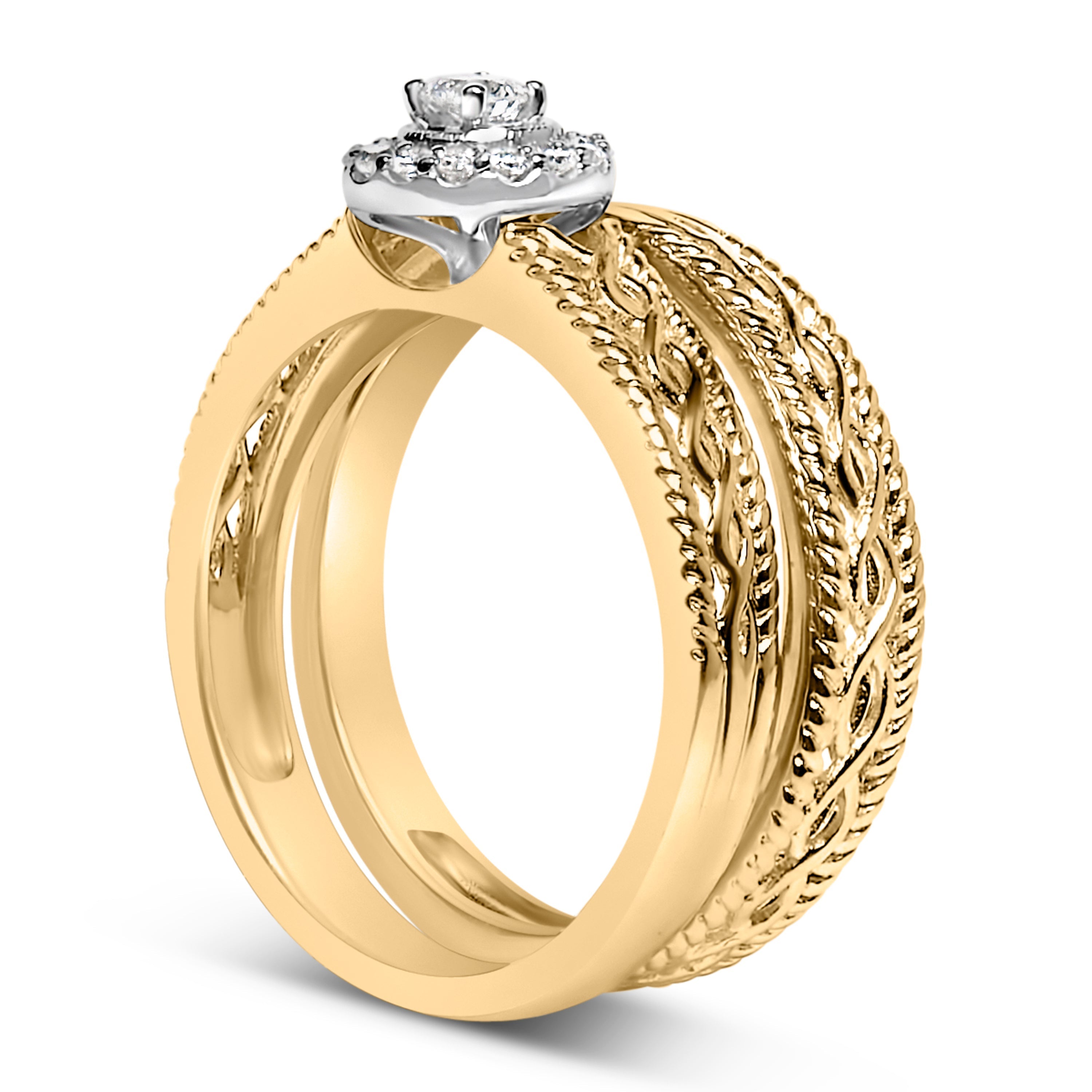 14K Yellow Gold Plated .925 Sterling Silver 1/5 Cttw Diamond Halo Engagement Ring and Wedding Band Set (I-J Color, I3 Clarity) - Size 7 DestGlow
