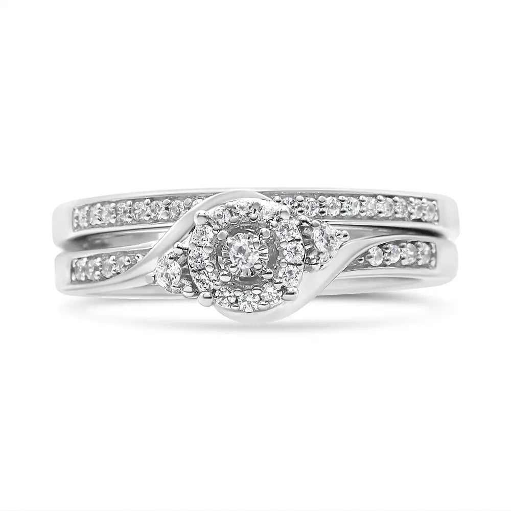 .925 Sterling Silver 1/4 Cttw Diamond Halo and Swirl Engagement Ring and Wedding Band Set (I-J Color, I3 Clarity)- Ring Size 7