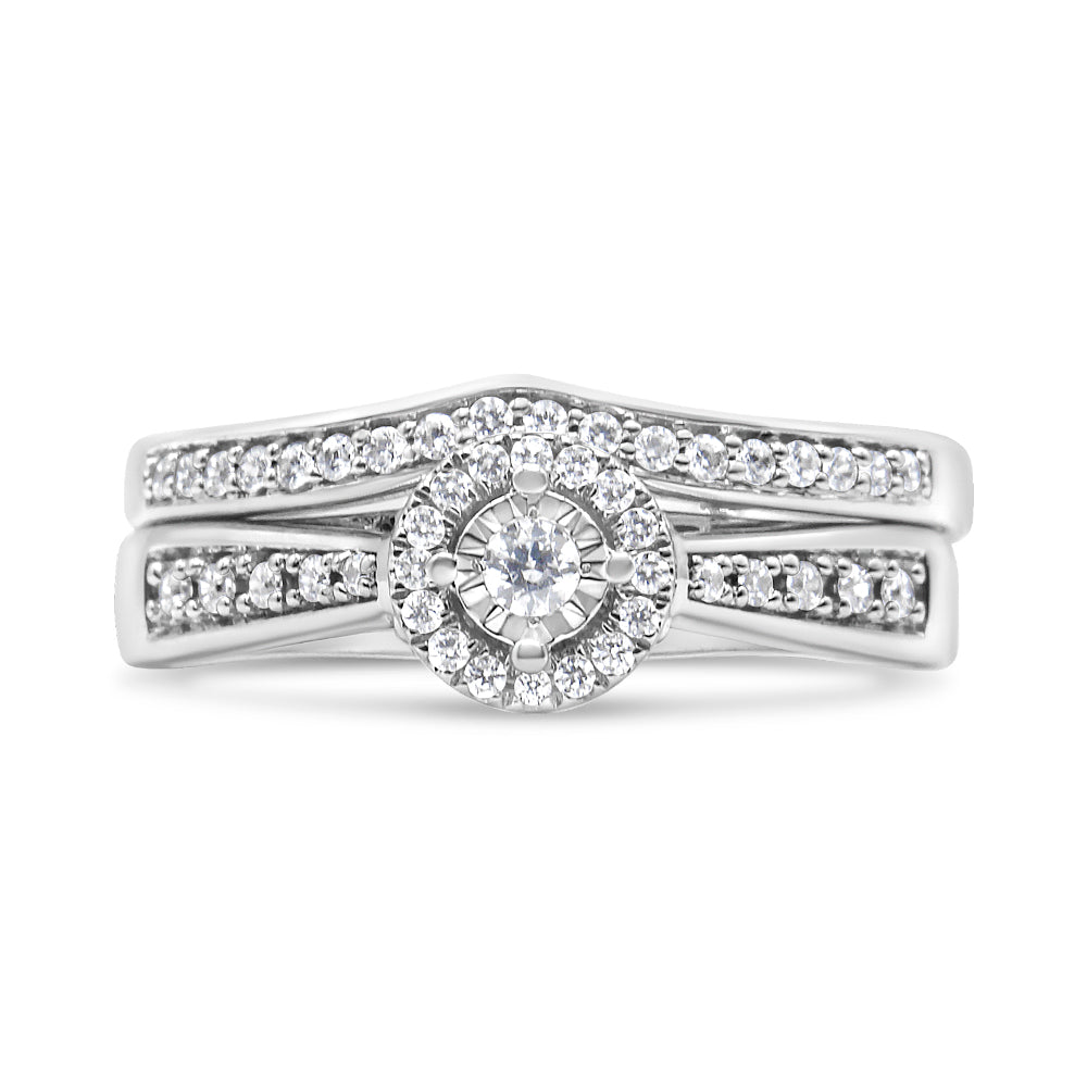 .925 Sterling Silver 1/3 Cttw Diamond Halo and Pave Shank Engagement Ring Set (I-J Color, I3 Clarity) - Ring Size 7 by Bids.com