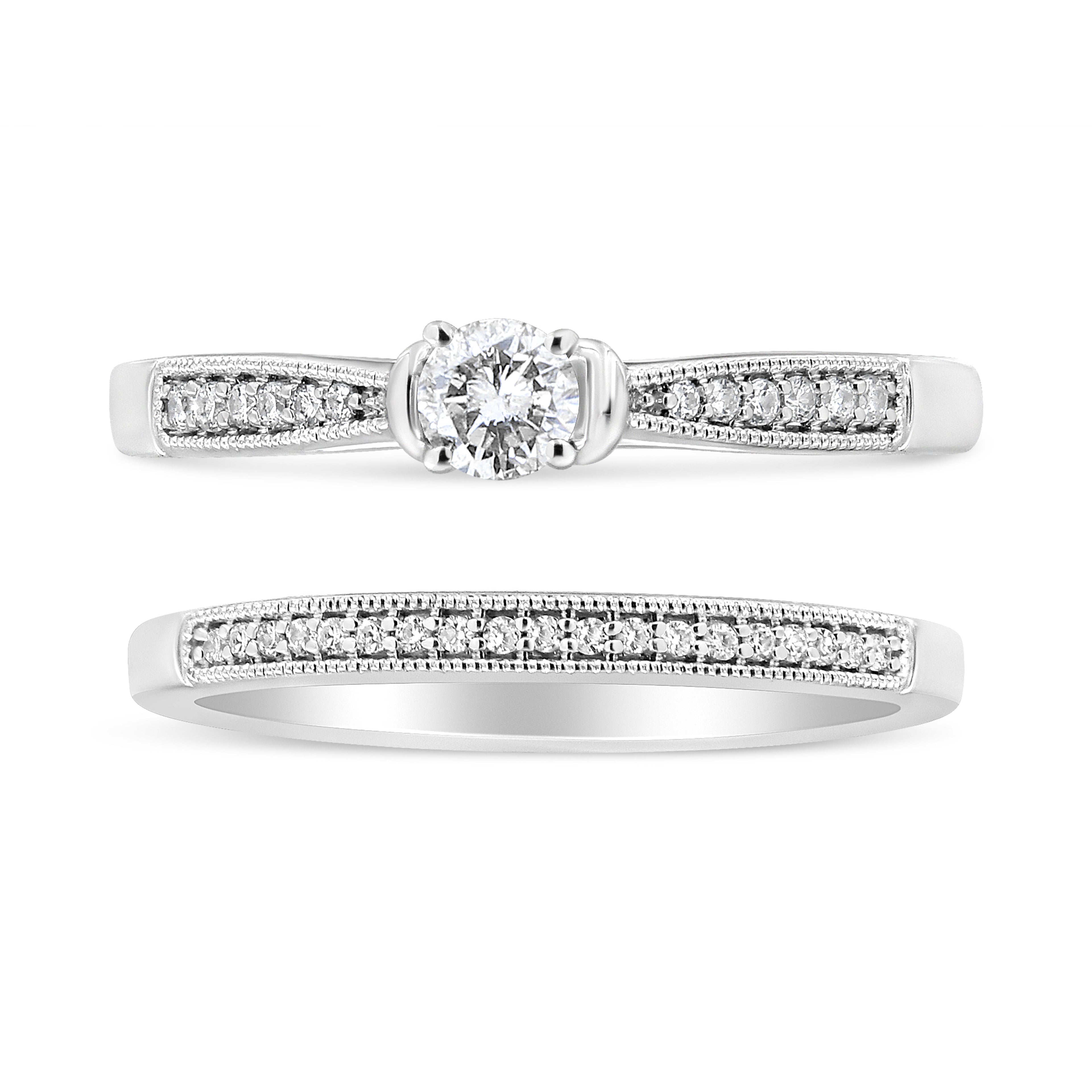.925 Sterling Silver 1/3 Cttw Diamond Classic Engagement Ring Bridal Set with Milgrain (I-J Color, I3 Clarity) - Ring Size 7 by Bids.com