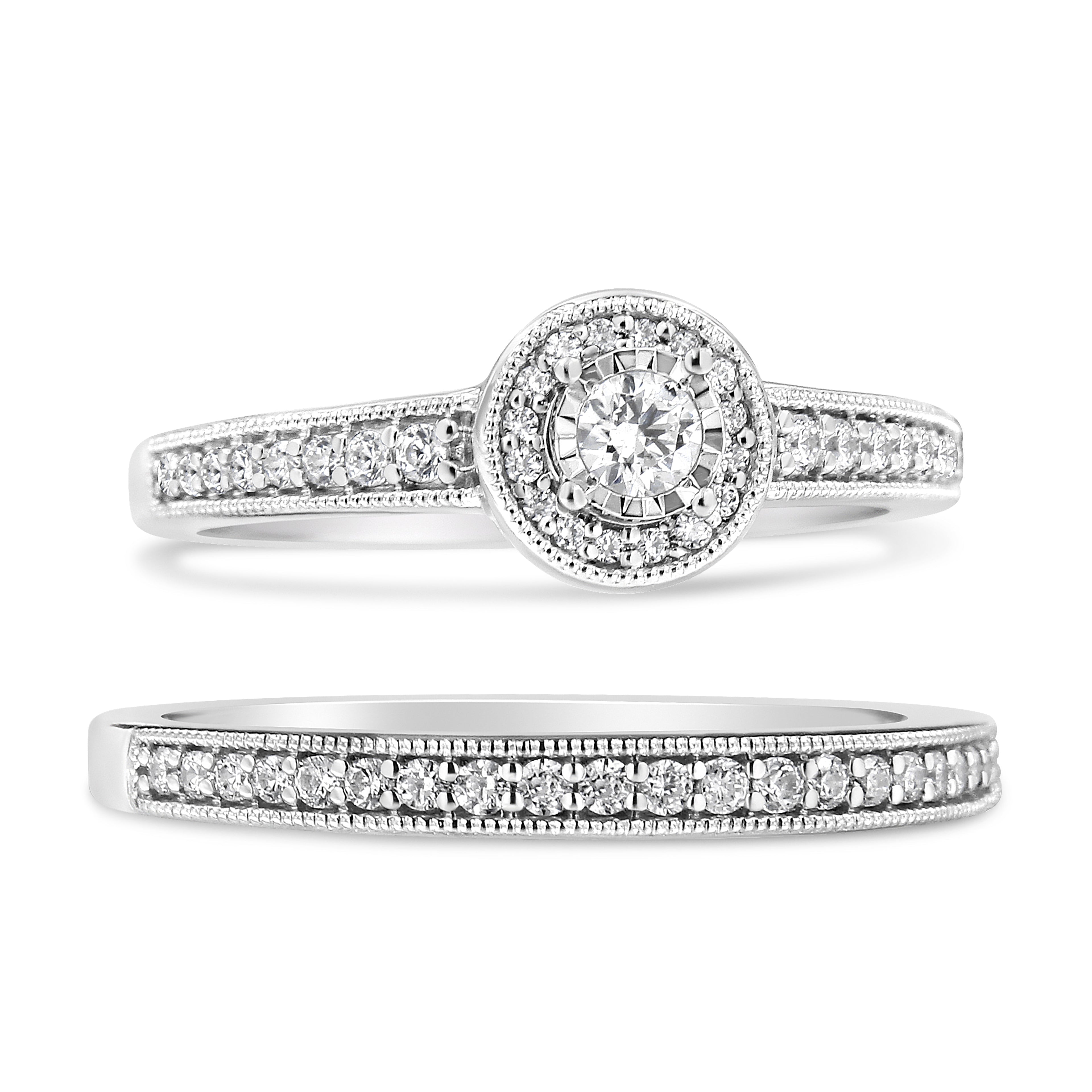 .925 Sterling Silver 1/2 Ctw Diamond Halo and Milgrain Engagement Ring Bridal Set (I-J Color, I3 Clarity) - Ring Size 7 by Bids.com