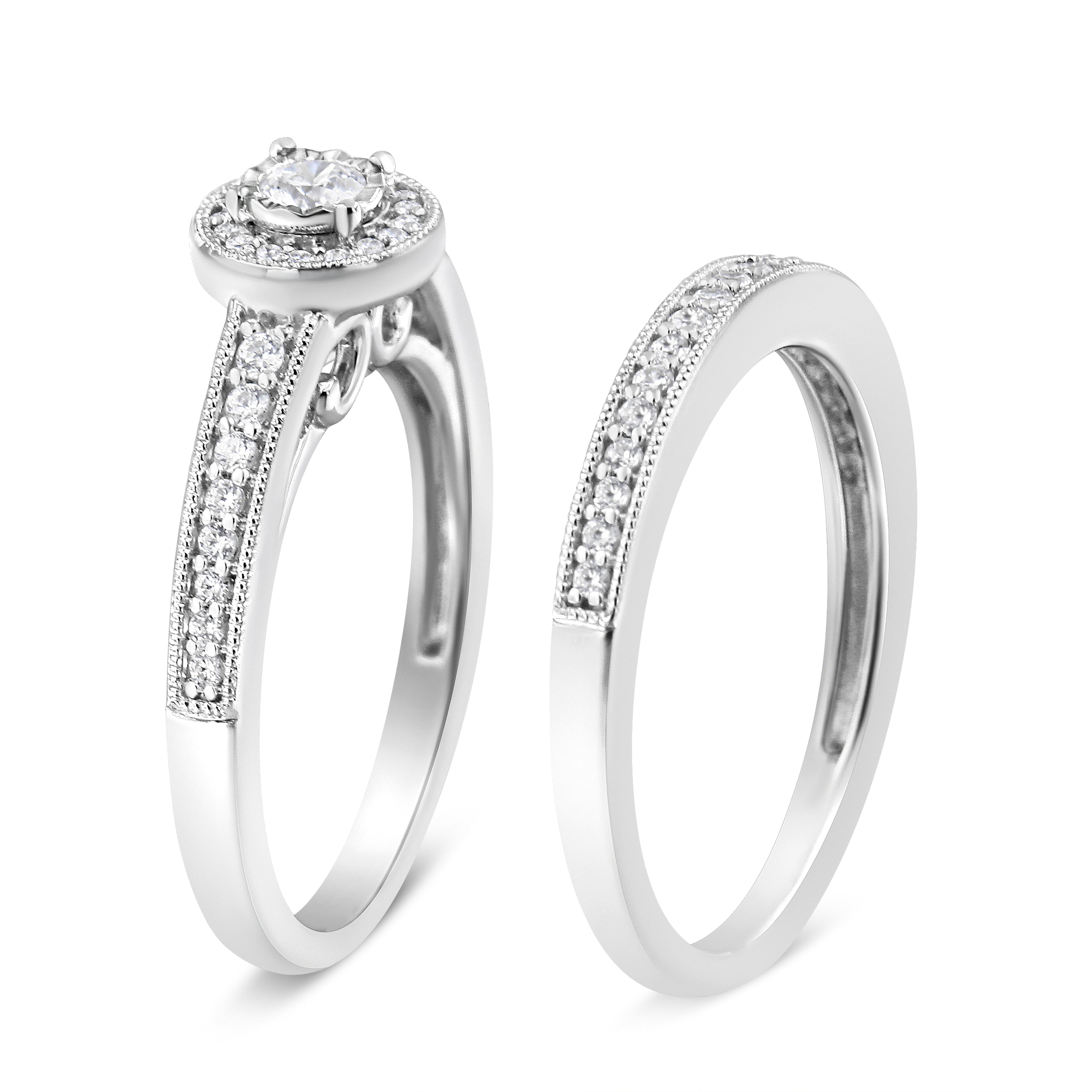 .925 Sterling Silver 1/2 Ctw Diamond Halo and Milgrain Engagement Ring Bridal Set (I-J Color, I3 Clarity) - Ring Size 7 by Bids.com