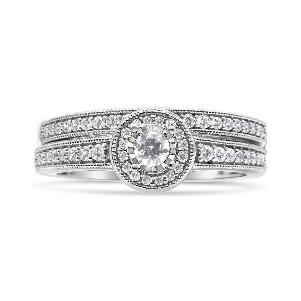 .925 Sterling Silver 1/2 Ctw Diamond Halo and Milgrain Engagement Ring Bridal Set (I-J Color, I3 Clarity) - Ring Size 7 by Bids.com