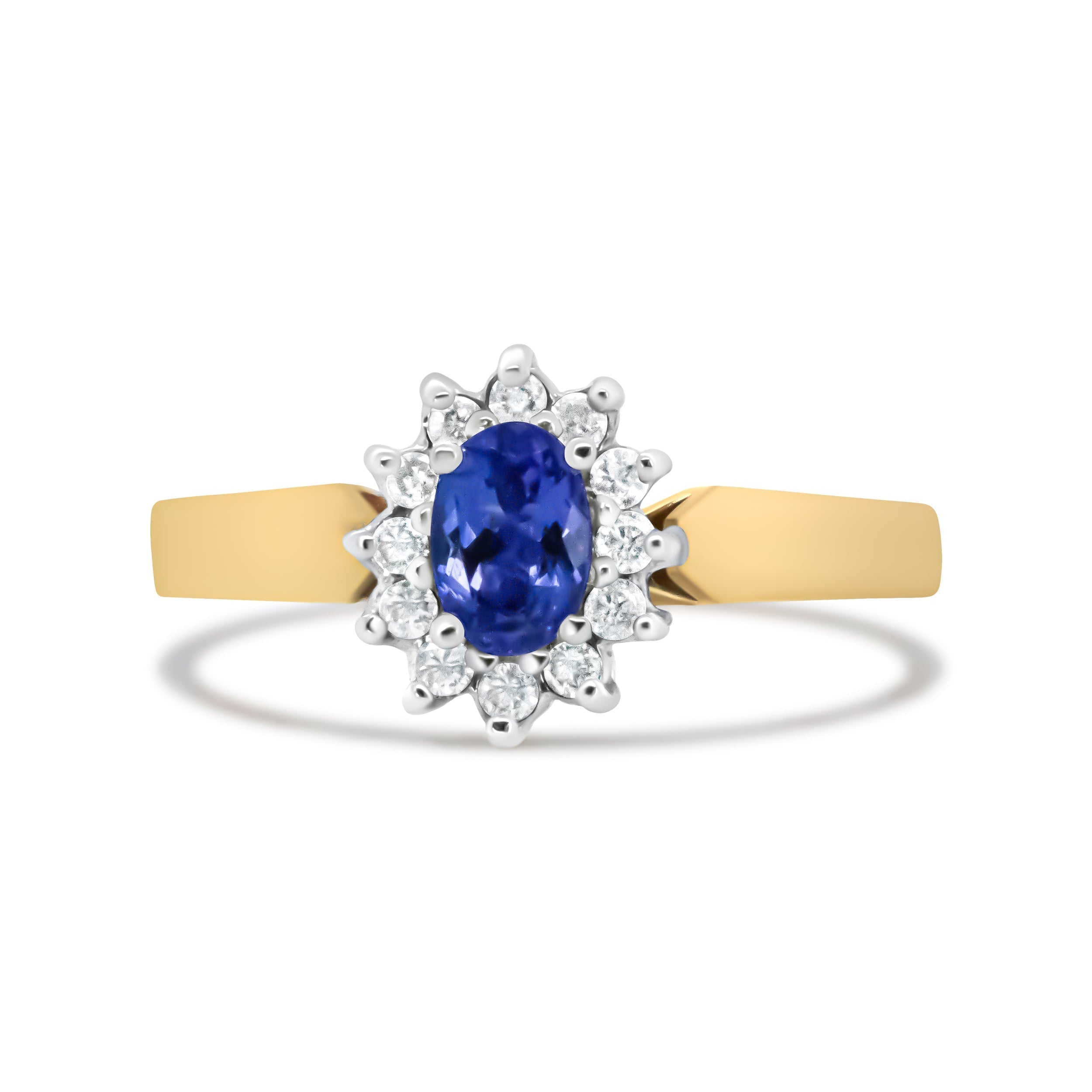 14K Yellow Gold 1/5 Cttw Round Diamond and 6x4mm Oval Blue Tanzanite Halo Ring (H-I Color, I1-I2 Clarity) - Size 7.75 DestGlow