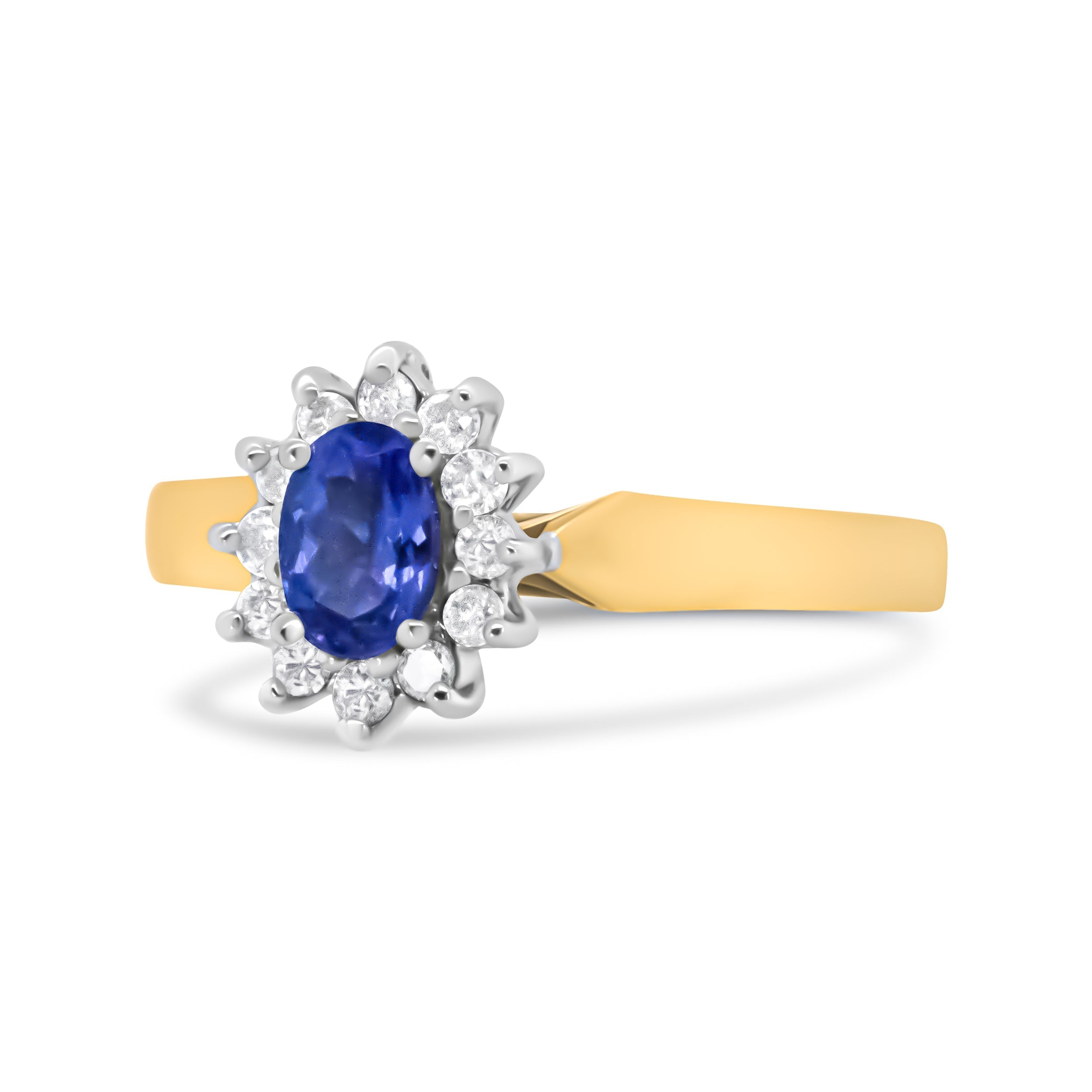 14K Yellow Gold 1/5 Cttw Round Diamond and 6x4mm Oval Blue Tanzanite Halo Ring (H-I Color, I1-I2 Clarity) - Size 7.75 DestGlow