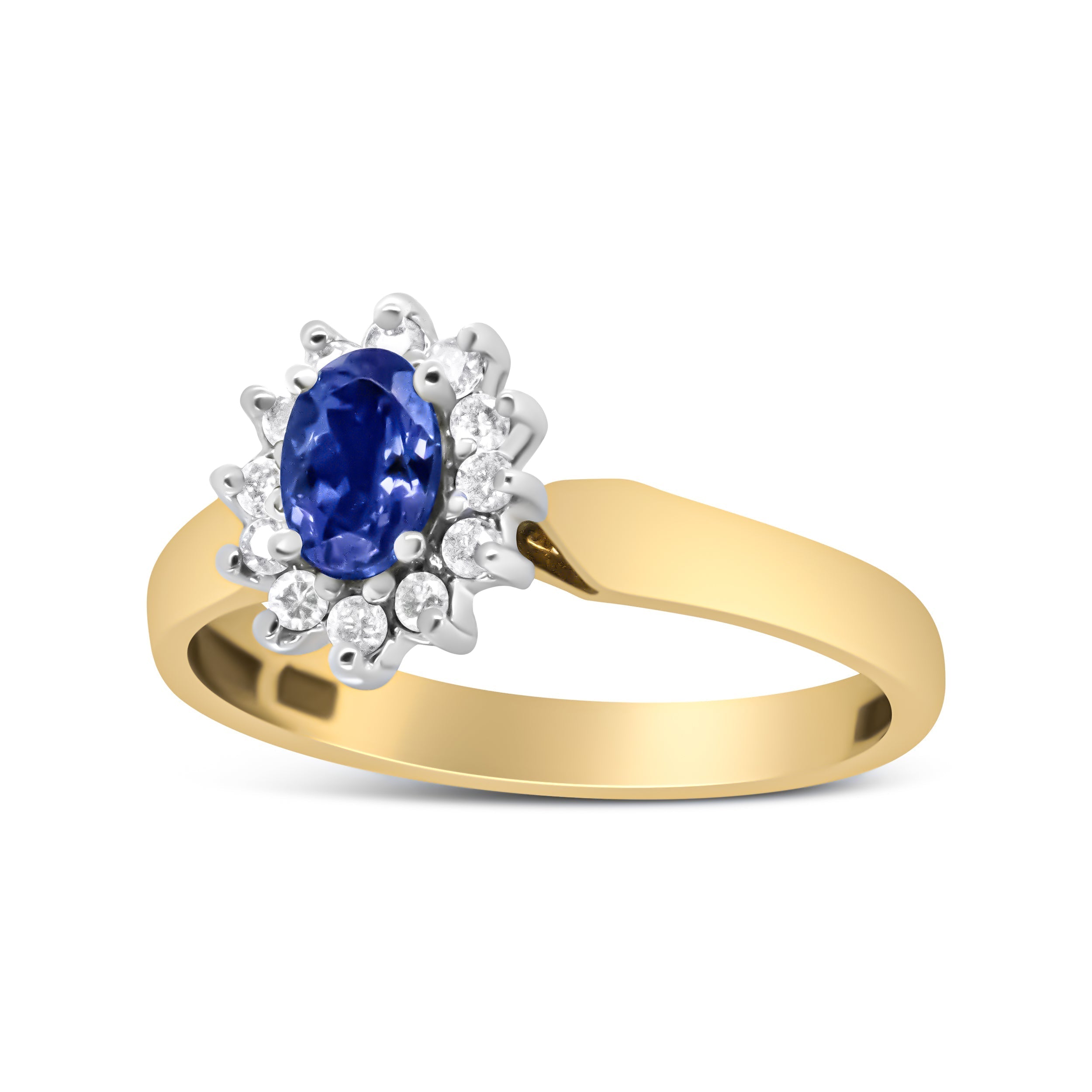 14K Yellow Gold 1/5 Cttw Round Diamond and 6x4mm Oval Blue Tanzanite Halo Ring (H-I Color, I1-I2 Clarity) - Size 7.75 DestGlow