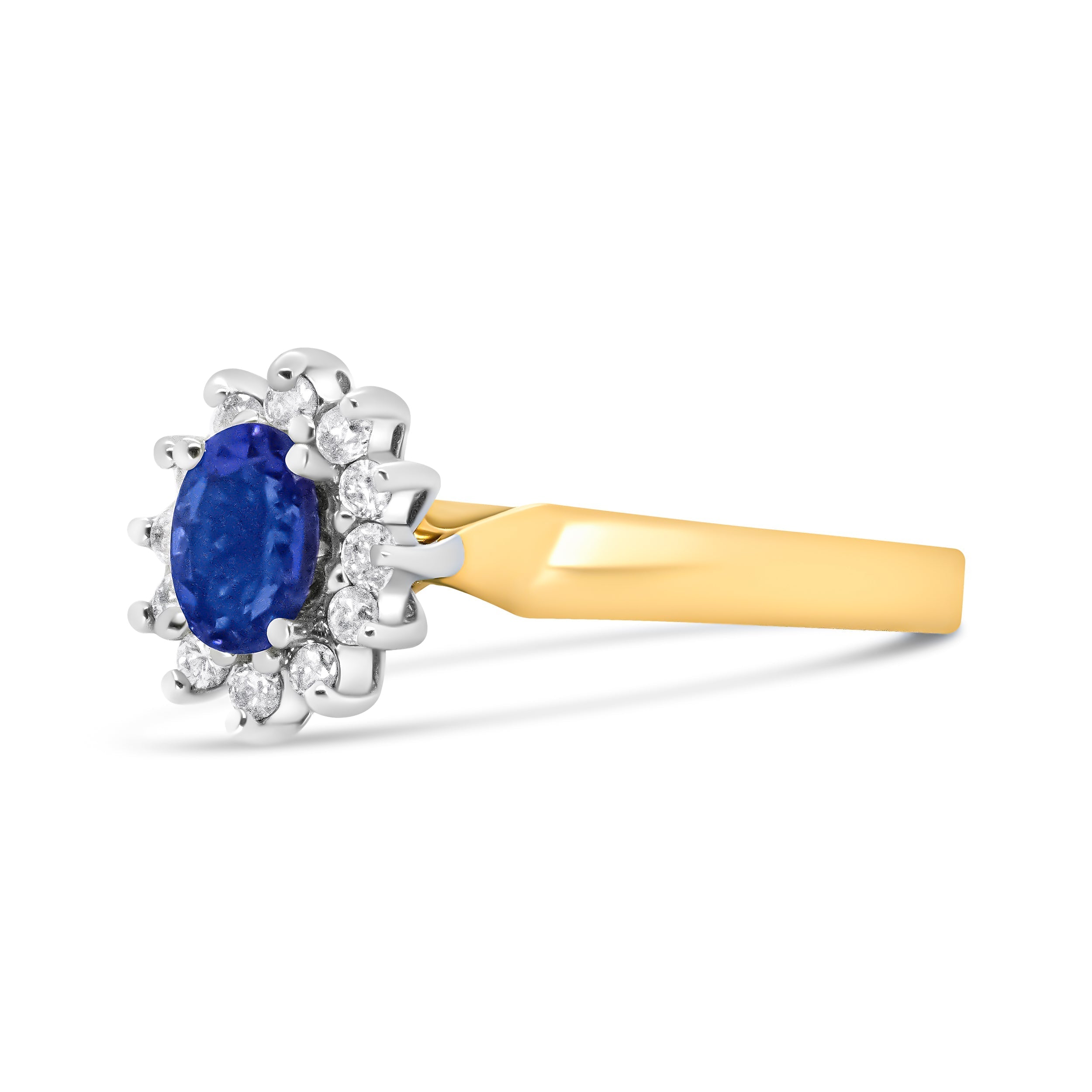 14K Yellow Gold 1/5 Cttw Round Diamond and 6x4mm Oval Blue Tanzanite Halo Ring (H-I Color, I1-I2 Clarity) - Size 7.75 DestGlow