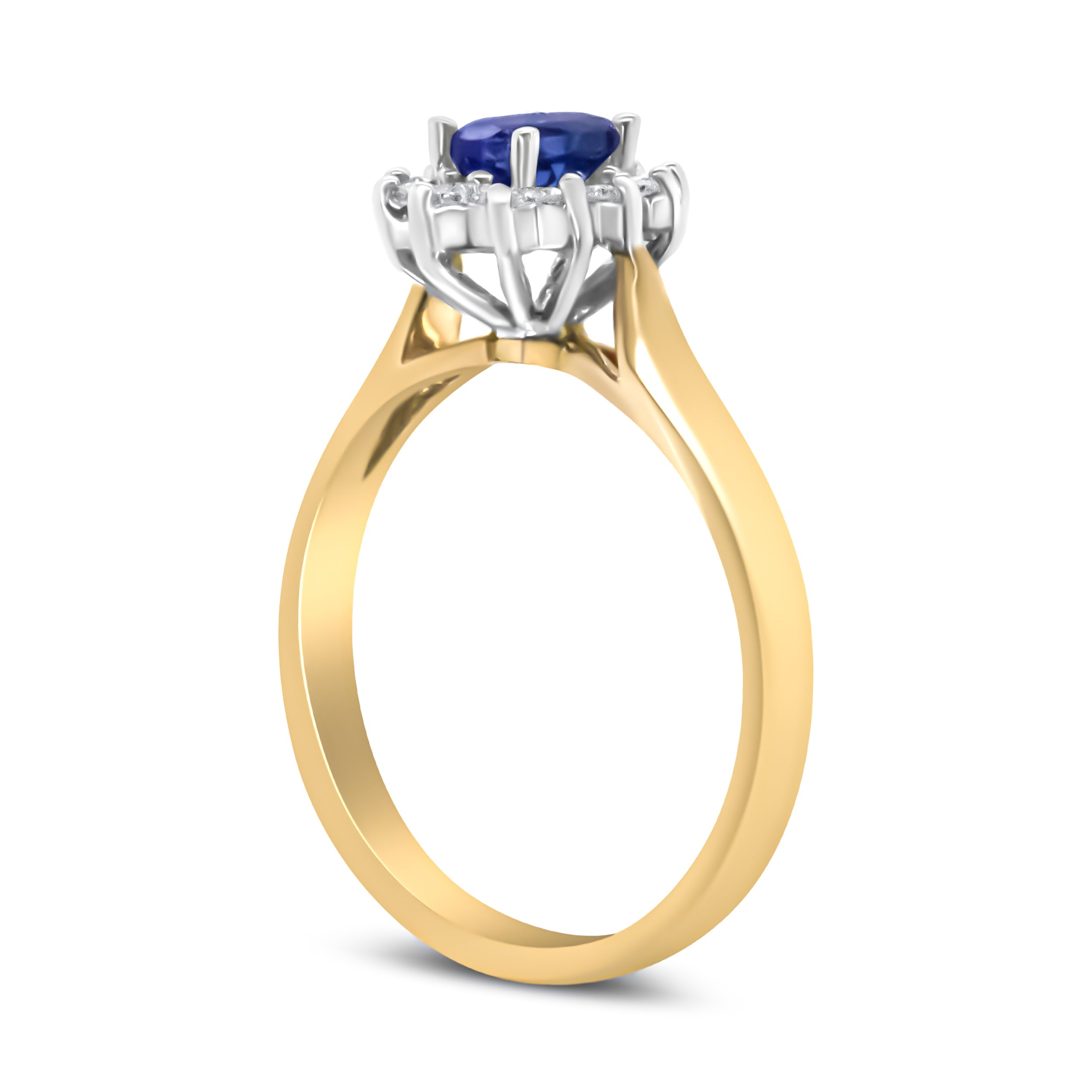 14K Yellow Gold 1/5 Cttw Round Diamond and 6x4mm Oval Blue Tanzanite Halo Ring (H-I Color, I1-I2 Clarity) - Size 7.75 DestGlow