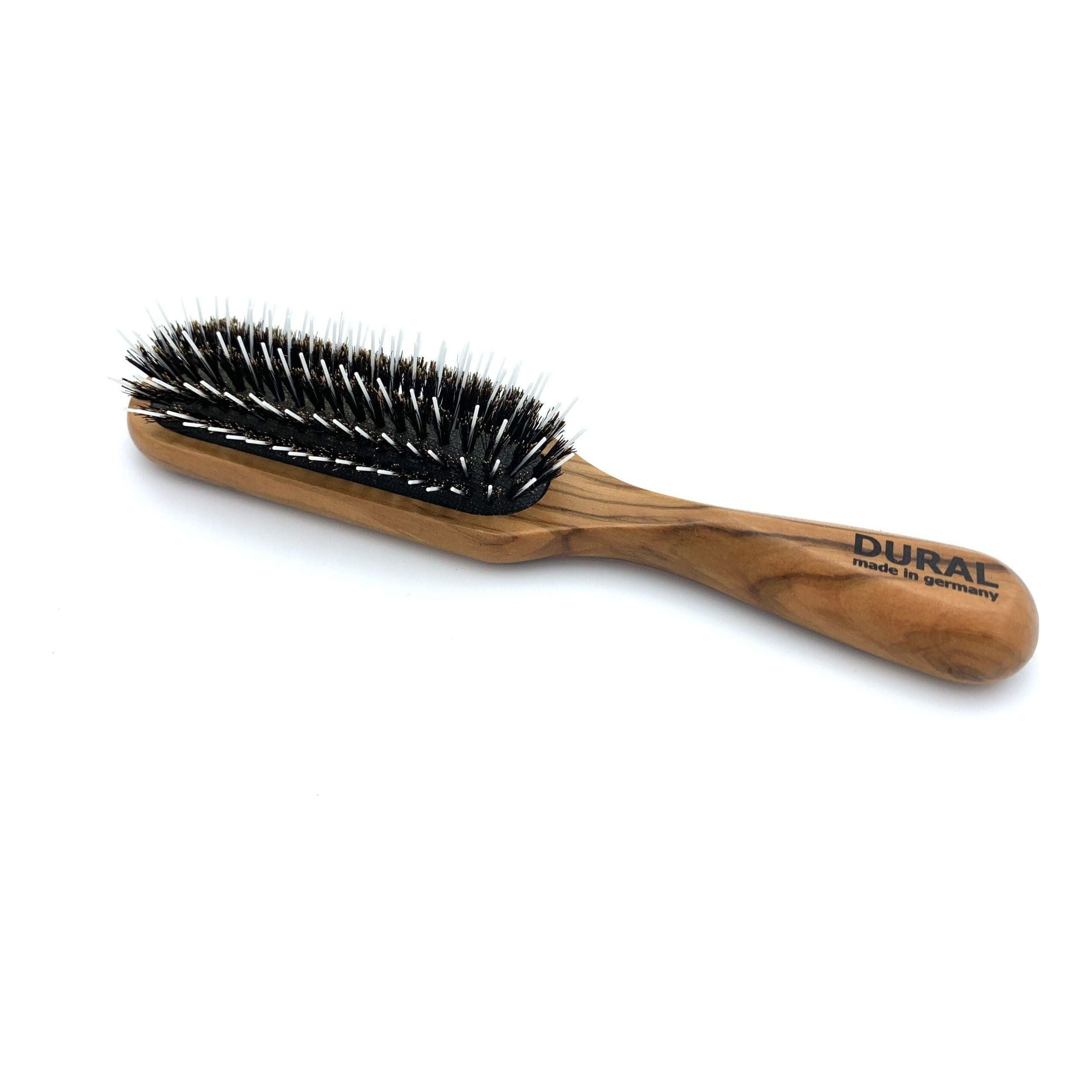 Dural Hair Brush For Styling & Care Rubber Cushion Wild Boar Bristles With Styling Pins Olive Wood DestGlow