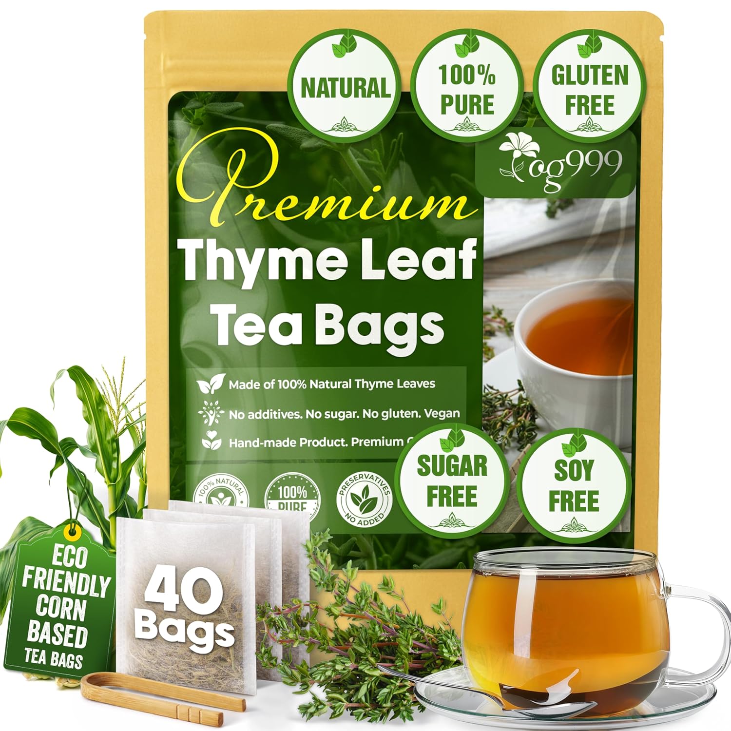 Premium 40 Thyme Leaf Tea Bags, 100% Natural & Pure, Loose Leaf Herbal Tea. by FreshDrinkUS - Natural and Premium Herbal Tea