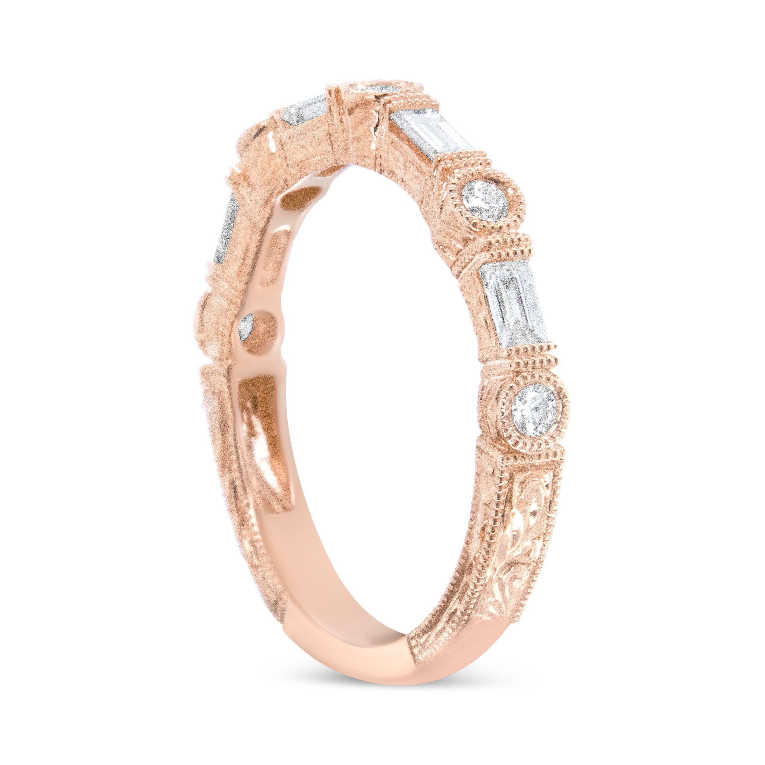 14K Rose Gold 3/8 Cttw Baguette and Round Diamond Bridal Band - (H-I Color, VS1-VS2 Clarity) - Size 6.75 DestGlow