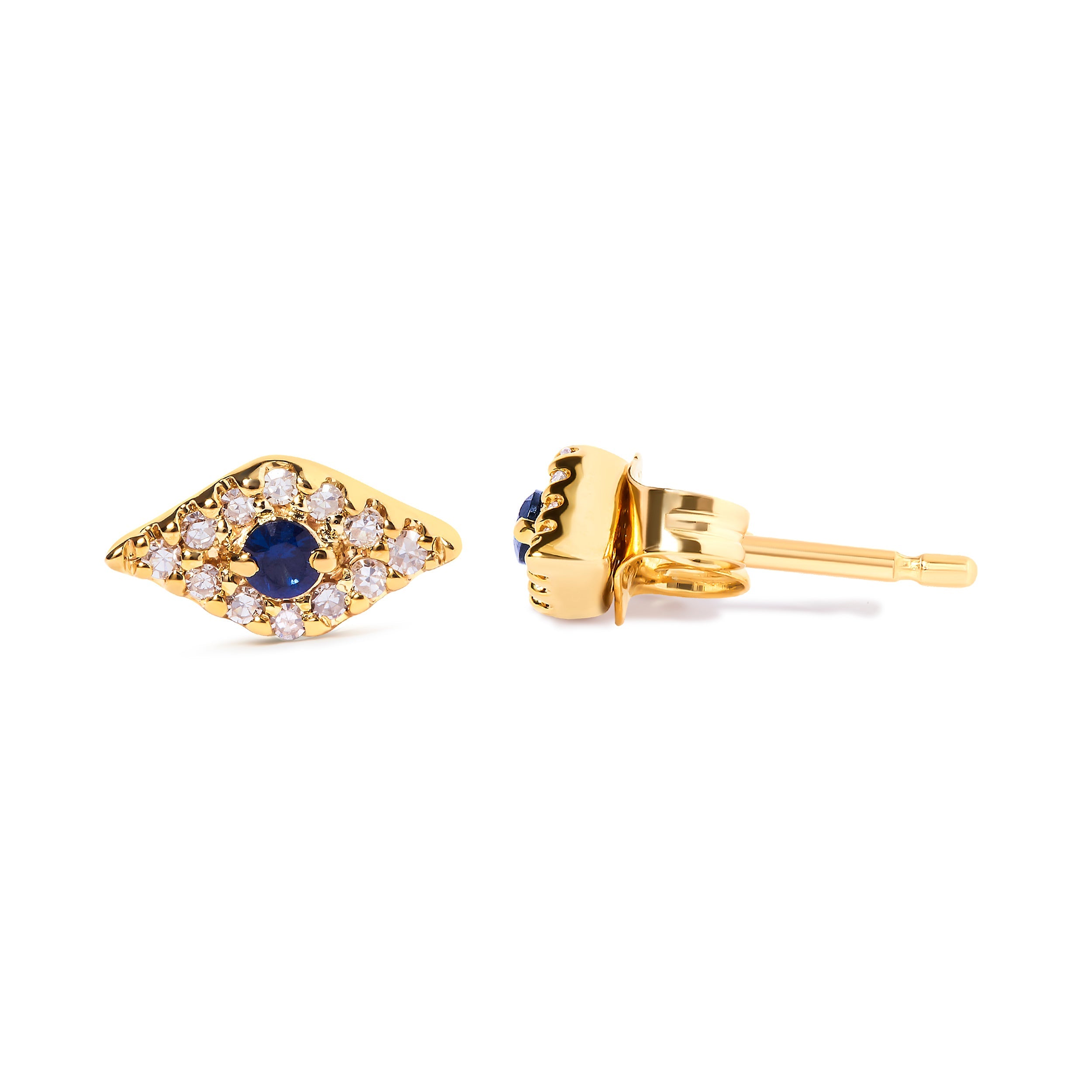 10K Yellow Gold Blue Sapphire and Diamond Accent Evil Eye Stud Earring (H-I Color, I1-I2 Clarity) DestGlow