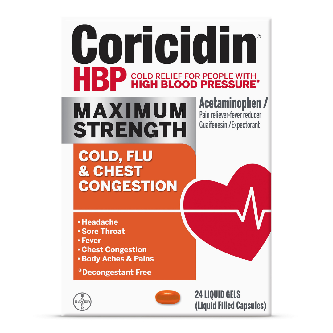 Coricidin HBP Maximum Strength Cold, Flu & Chest Congestion Liquid Gels (24 ct) DestGlow