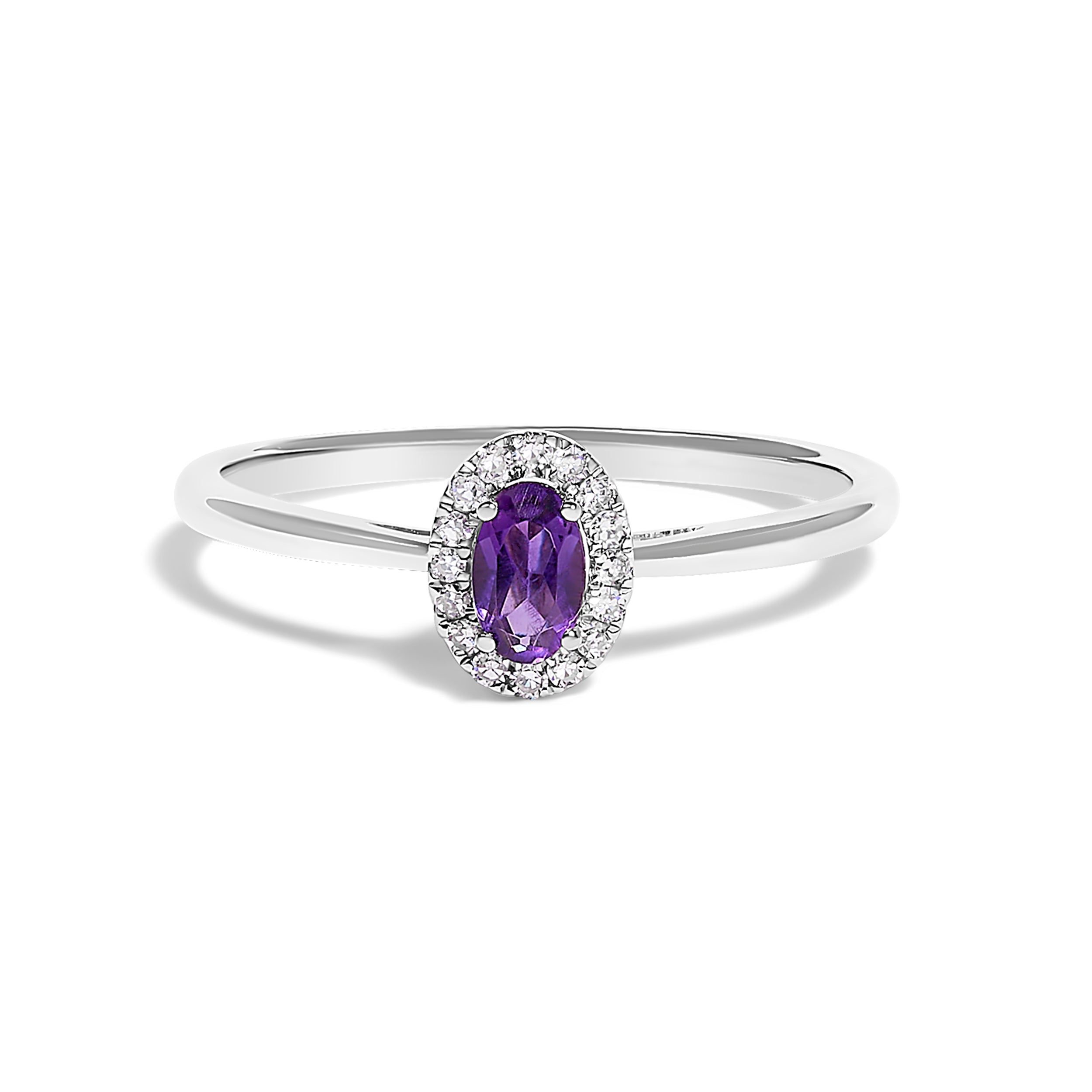10K White Gold 5X3MM Oval Purple Amethyst and Diamond Accent Halo Ring (I-J Color, I1-I2 Clarity) - Ring Size 6.5 DestGlow