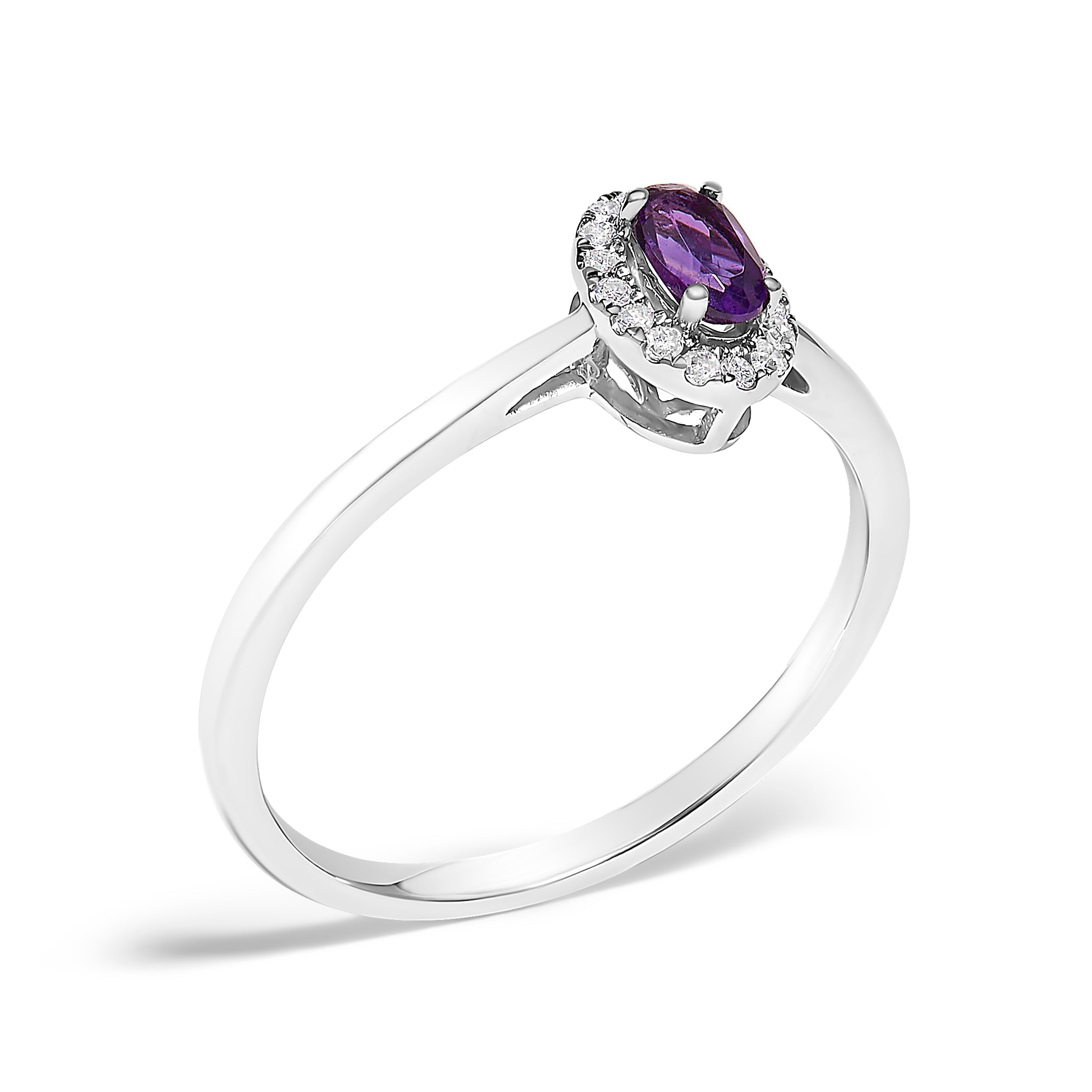 10K White Gold 5X3MM Oval Purple Amethyst and Diamond Accent Halo Ring (I-J Color, I1-I2 Clarity) - Ring Size 6.5 DestGlow