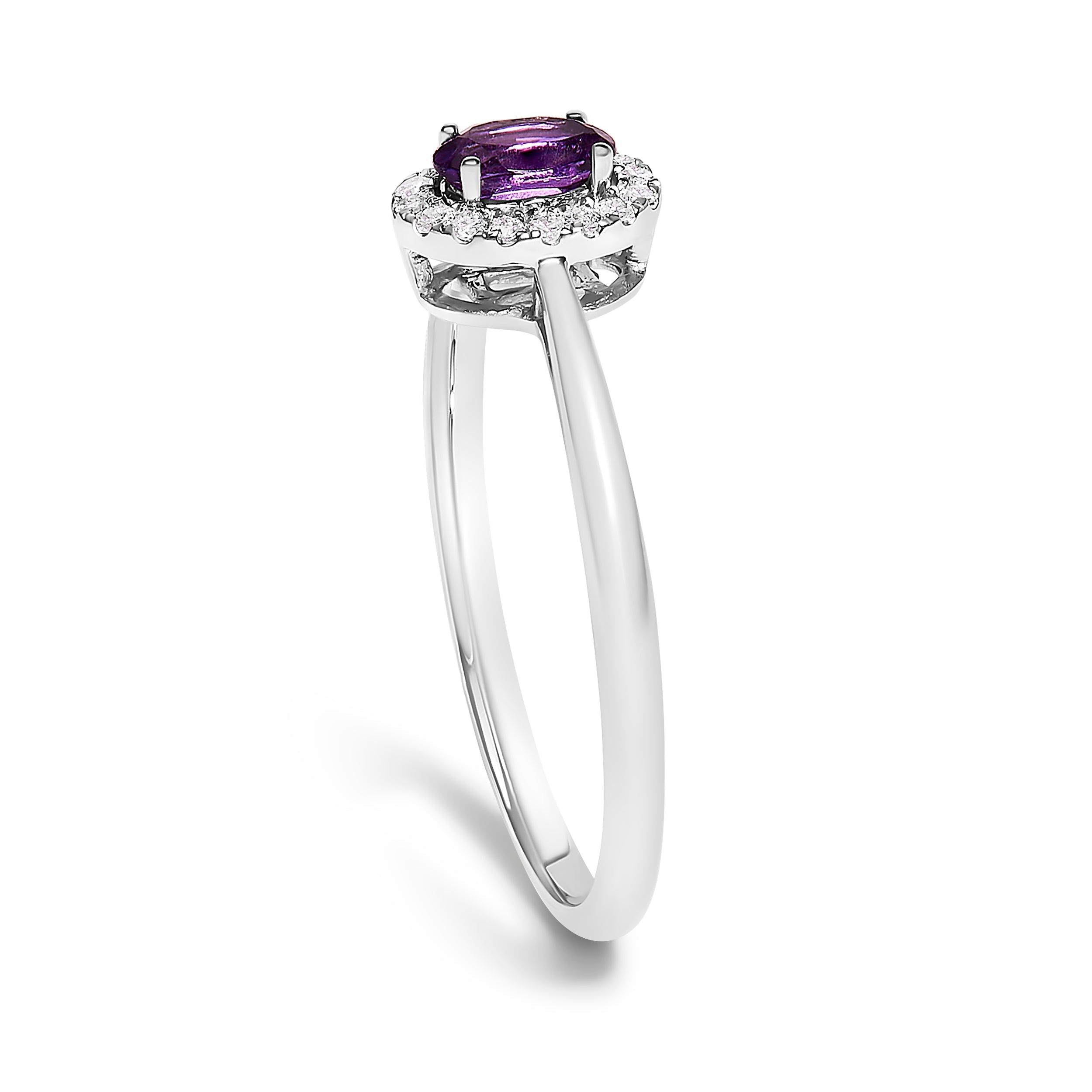 10K White Gold 5X3MM Oval Purple Amethyst and Diamond Accent Halo Ring (I-J Color, I1-I2 Clarity) - Ring Size 6.5 DestGlow