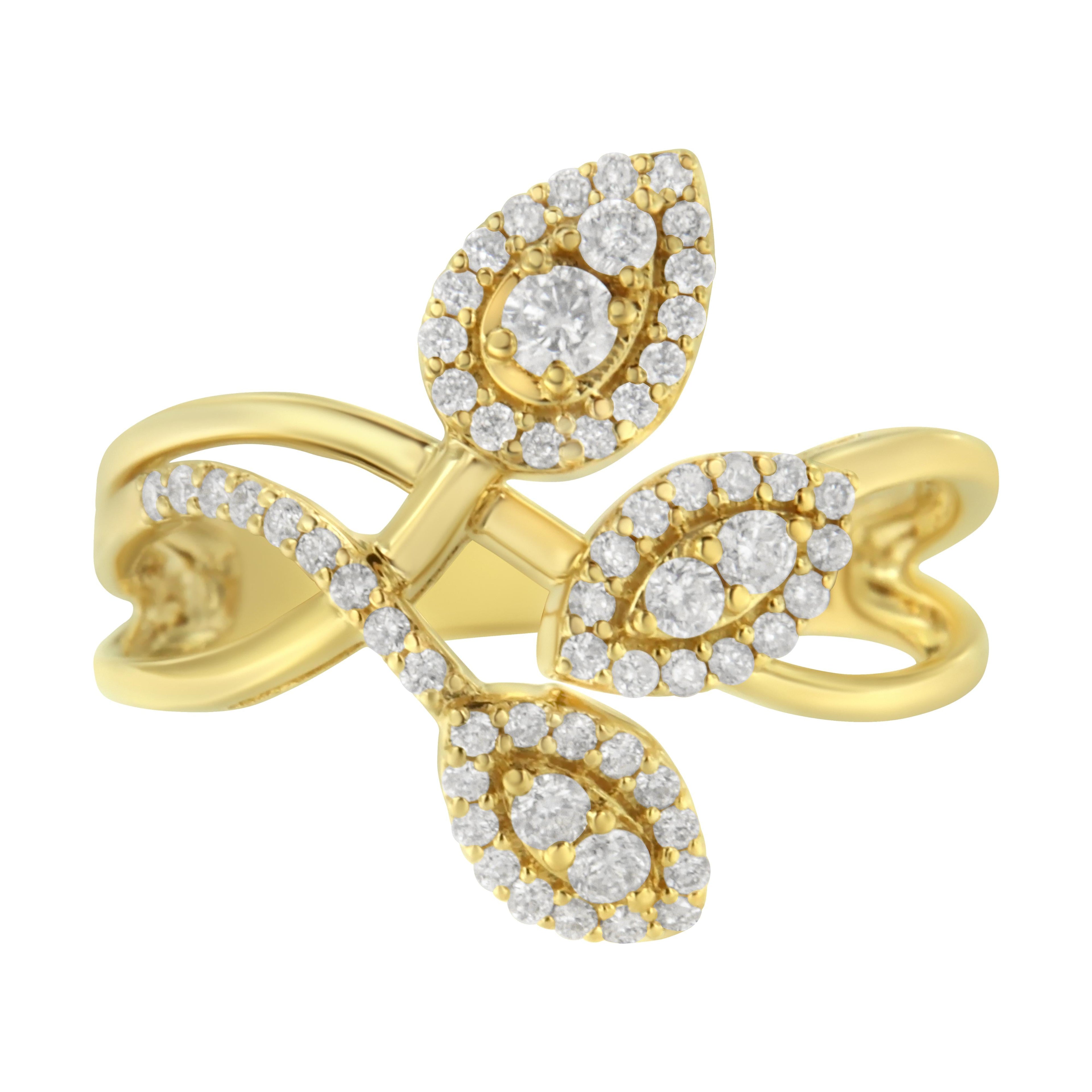 10K Yellow Gold 1/2 Cttw Round-Cut Diamond Layered Crossover Triple Leaf Bypass Ring (I-J Color, I1-I2 Clarity) - Size 7 by Bids.com