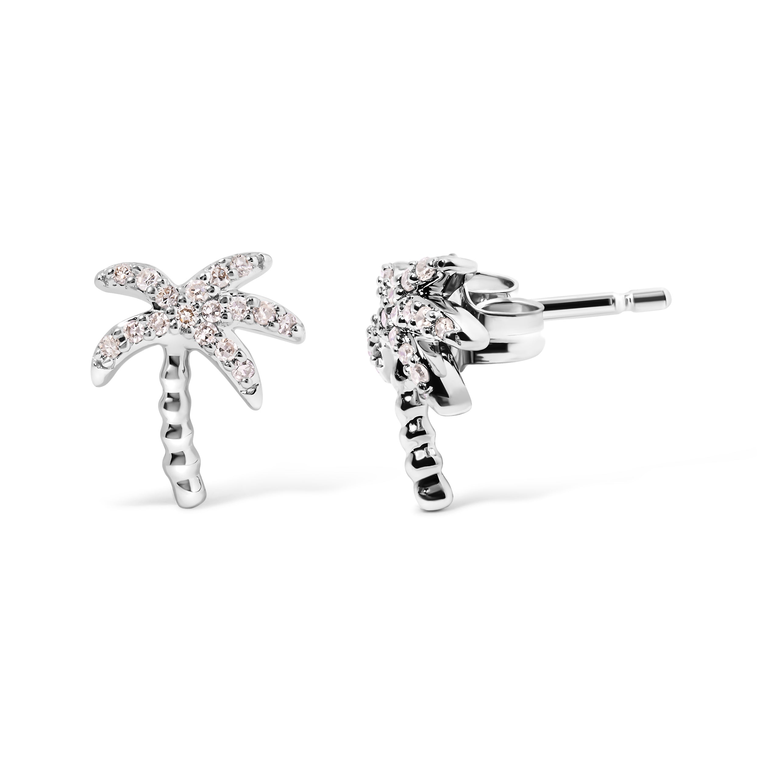 10K White Gold 1/10 Cttw Diamond Encrusted Palm Tree Stud Earrings (H-I Color, I1-I2 Clarity) DestGlow