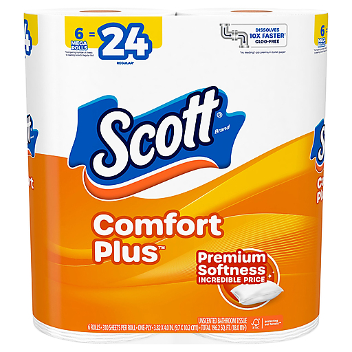 Scott ComfortPlus Toilet Paper, 6 Mega Rolls, 310 Sheets per Roll, Septic-Safe, 1-Ply Toilet Tissue DestGlow