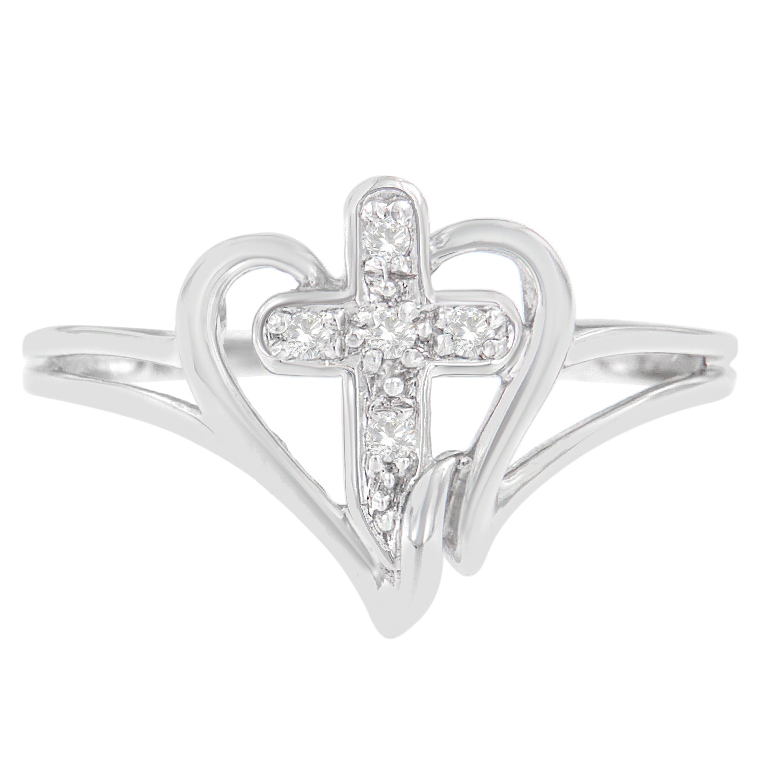 10K White Gold Diamond-Accented Cross & Open Heart Promise Fashion Ring (H-I Color, I1-I2 Clarity) - Size 7 by Bids.com