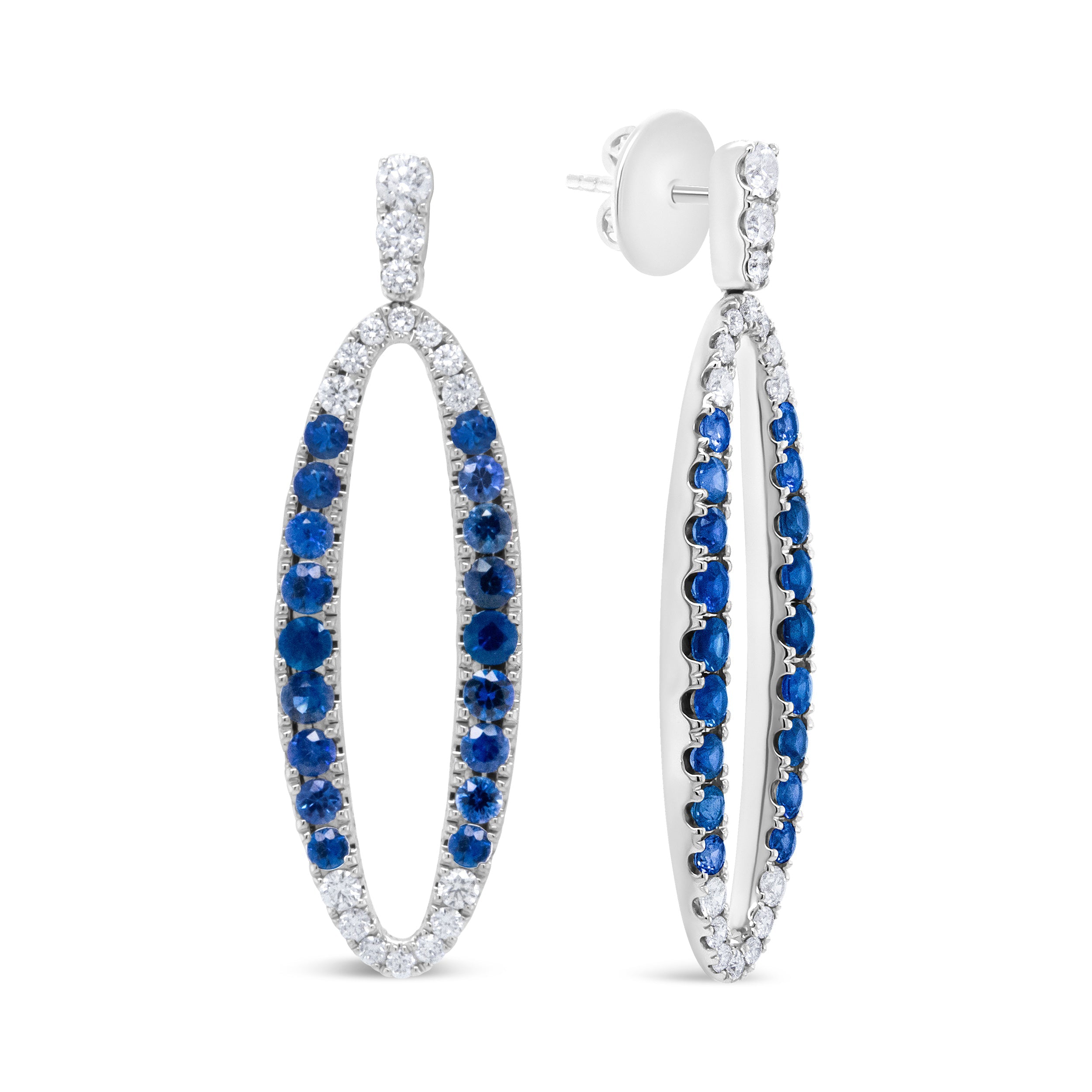 18K White Gold 1.11 Cttw Blue Round Diamond and Blue Sapphire Openwork Oval Shaped Dangle Earrings (F-G Color, VS1-VS2 Clarity) by Bids.com