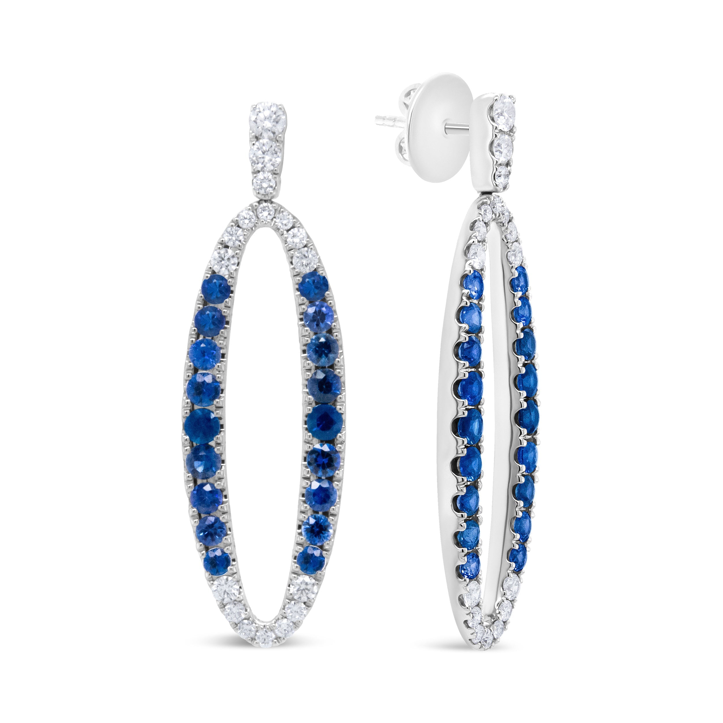 18K White Gold 1.11 Cttw Blue Round Diamond and Blue Sapphire Openwork Oval Shaped Dangle Earrings (F-G Color, VS1-VS2 Clarity)