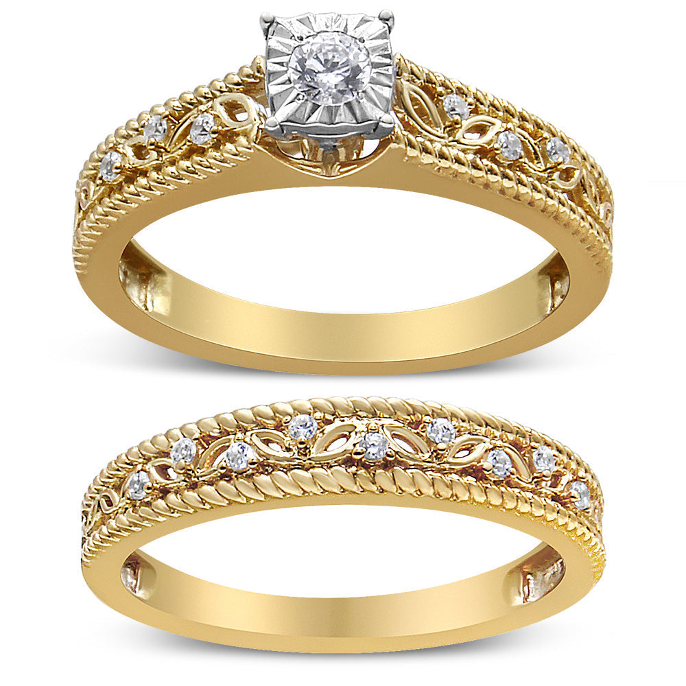 14K Yellow Gold Plated .925 Sterling Silver 1/5 Cttw Diamond Art Deco Style Engagement Ring Bridal Set (I-J Color, I3 Clarity) - Ring Size 7 DestGlow