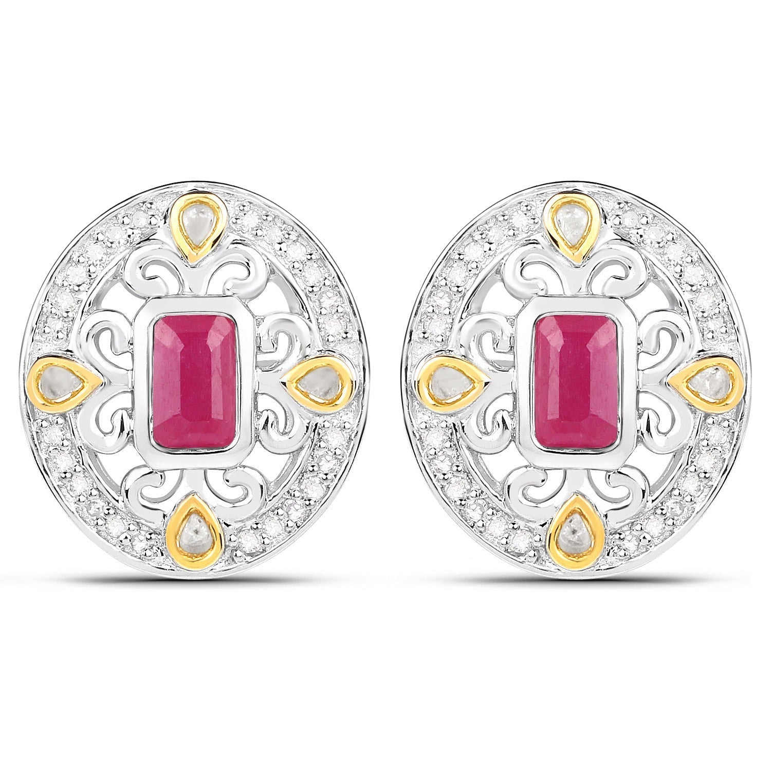 0.77 Carat Genuine Ruby and White Diamond .925 Sterling Silver Earrings