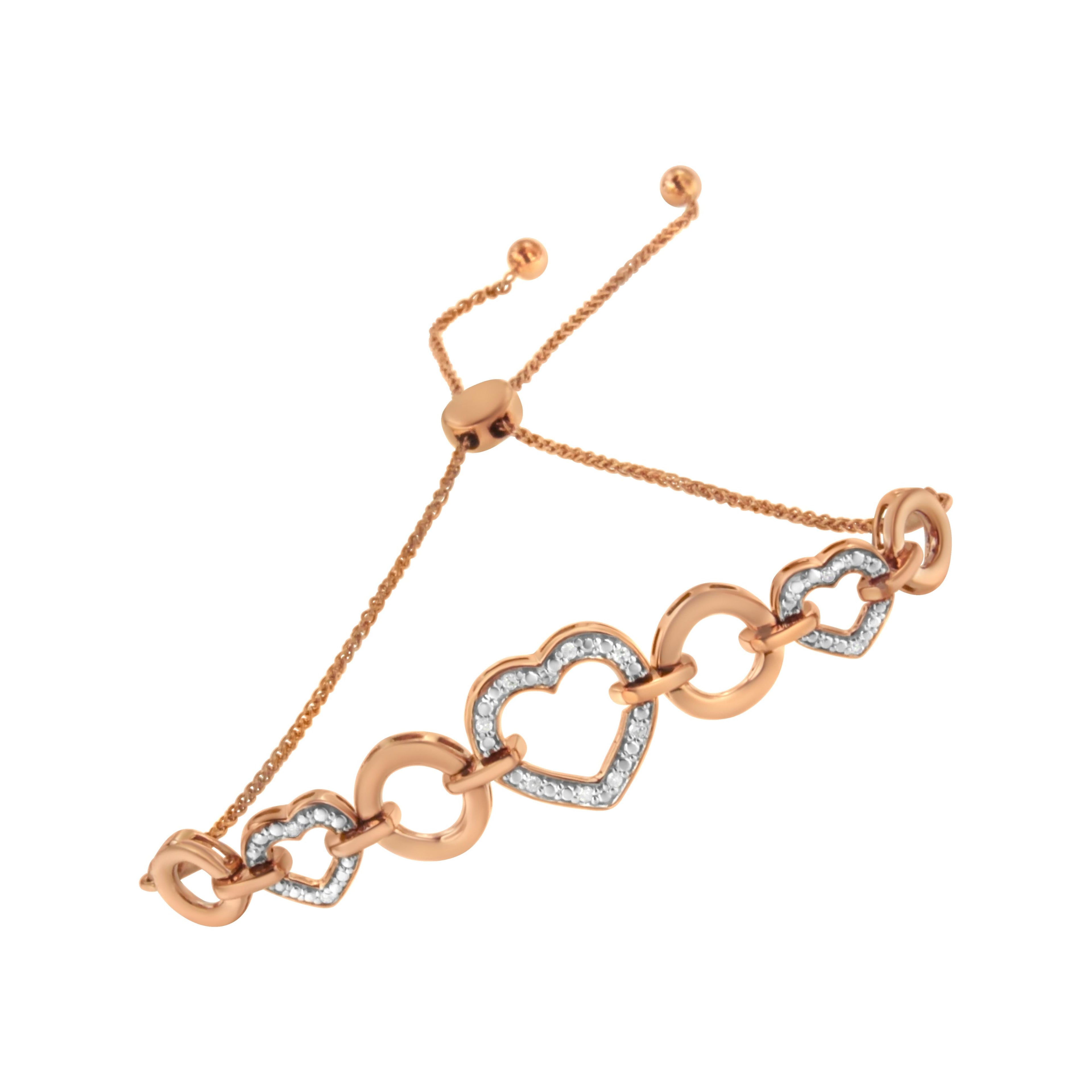 14K Rose Gold Plated .925 Sterling Silver Diamond Accent Circle and Heart Link Adjustable 6â€-10†Bolo Bracelet
