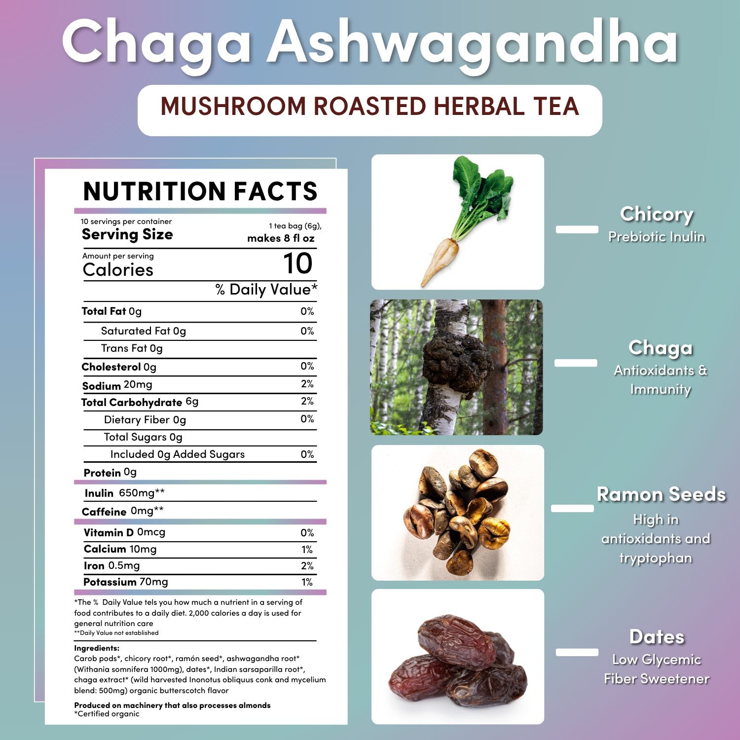 Chaga Ashwagandha Butterscotch Cream Mushroom Herbal Tea DestGlow