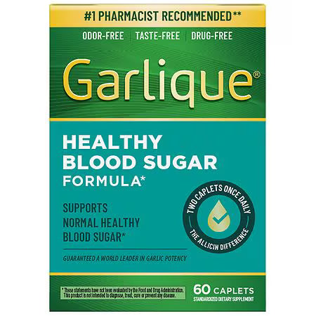 Garlique Healthy Blood Sugar Support Supplement - Odor-Free Garlic, 60 Caplets by Pasteur Pharmacy