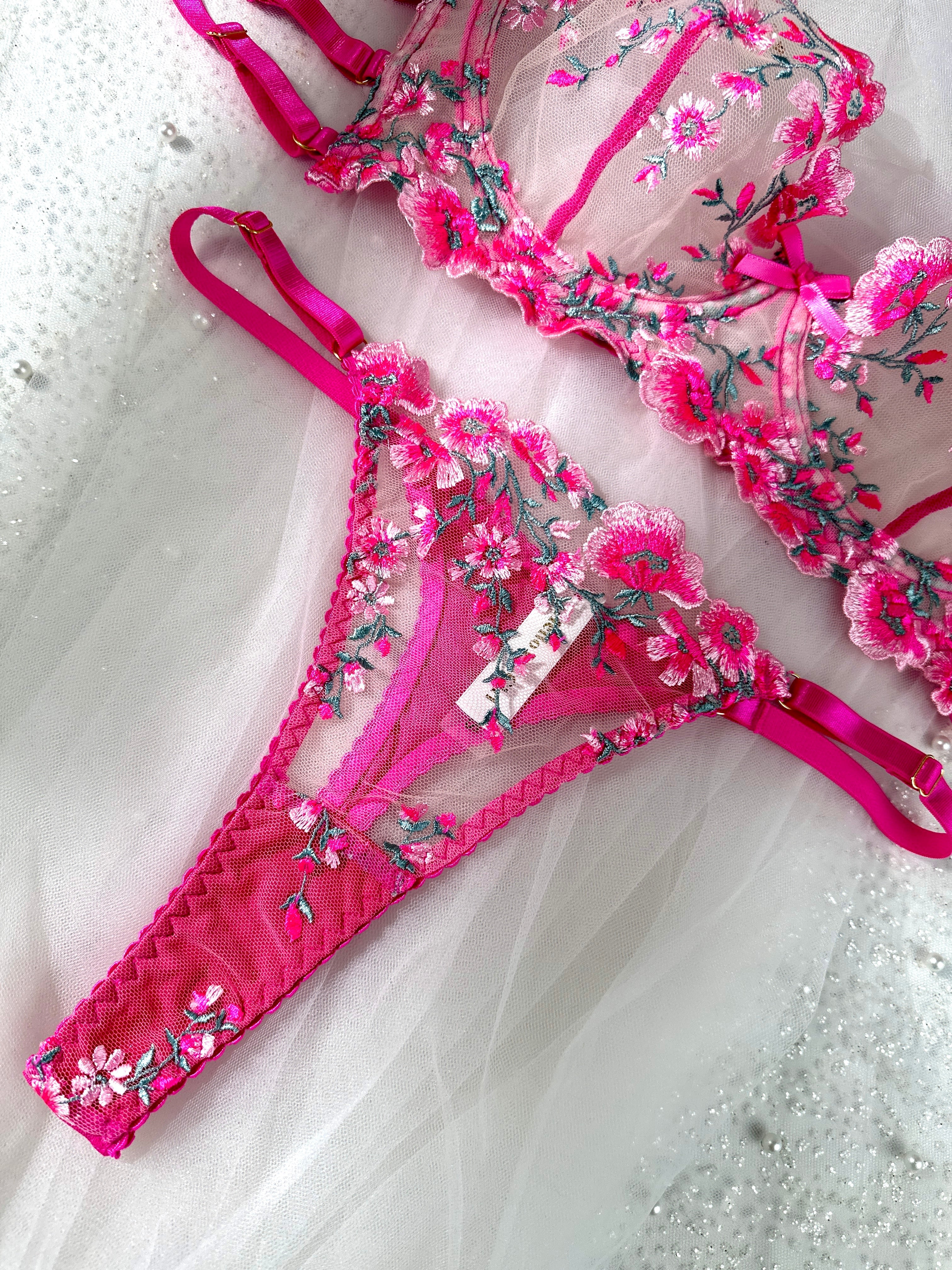Pink Blossom Embroidery Lingerie Set