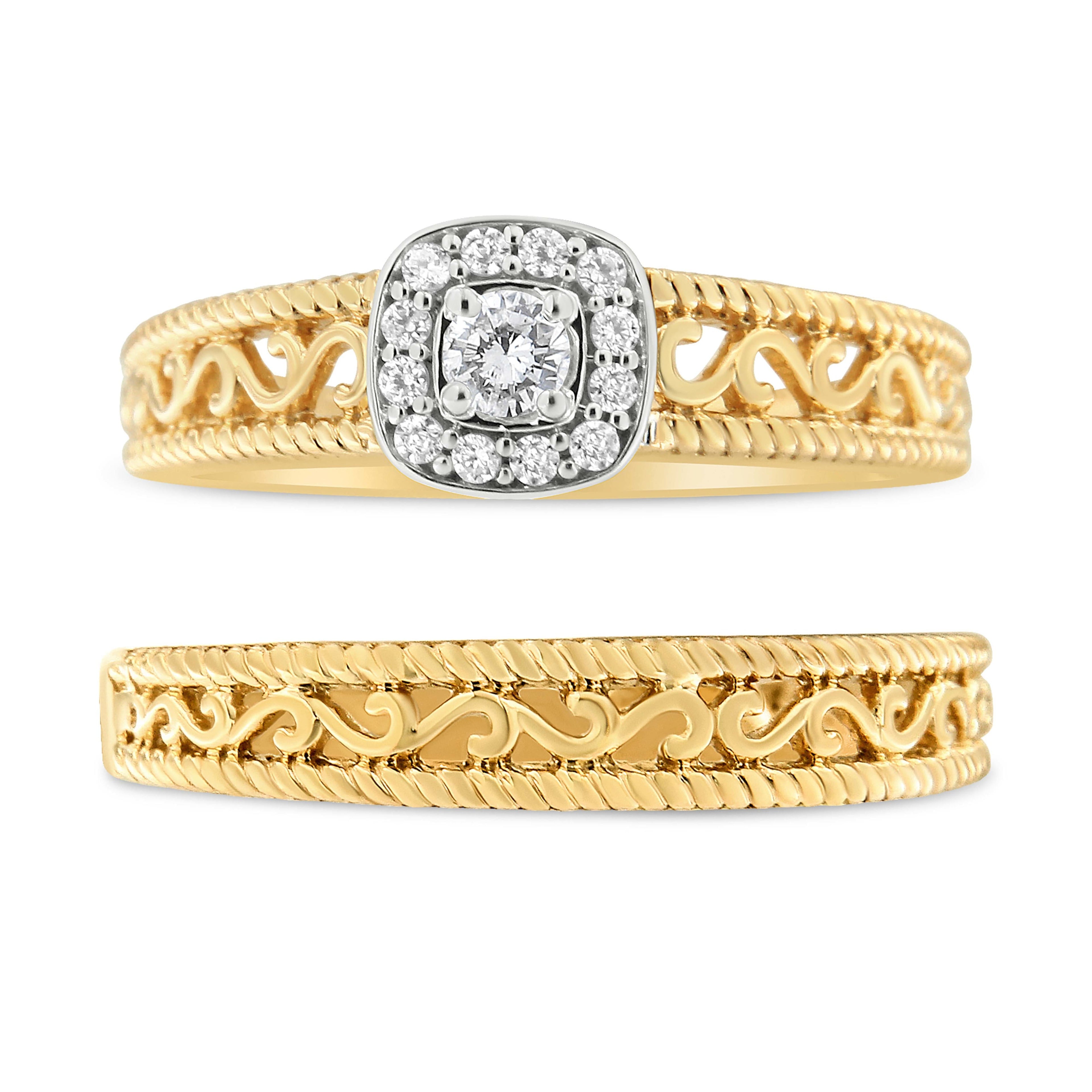 14K Yellow Gold Plated .925 Sterling Silver 1/5 Cttw Diamond Halo and Milgrain Finish Engagement Ring Bridal Set (I-J Color I3 Clarity) - Size 7 by Bids.com