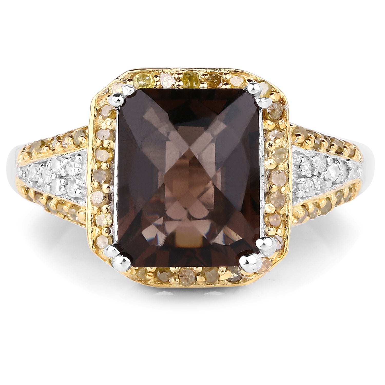 3.48 Carat Genuine Smoky Quartz, Yellow Diamond and White Diamond .925 Sterling Silver Ring by Bids.com