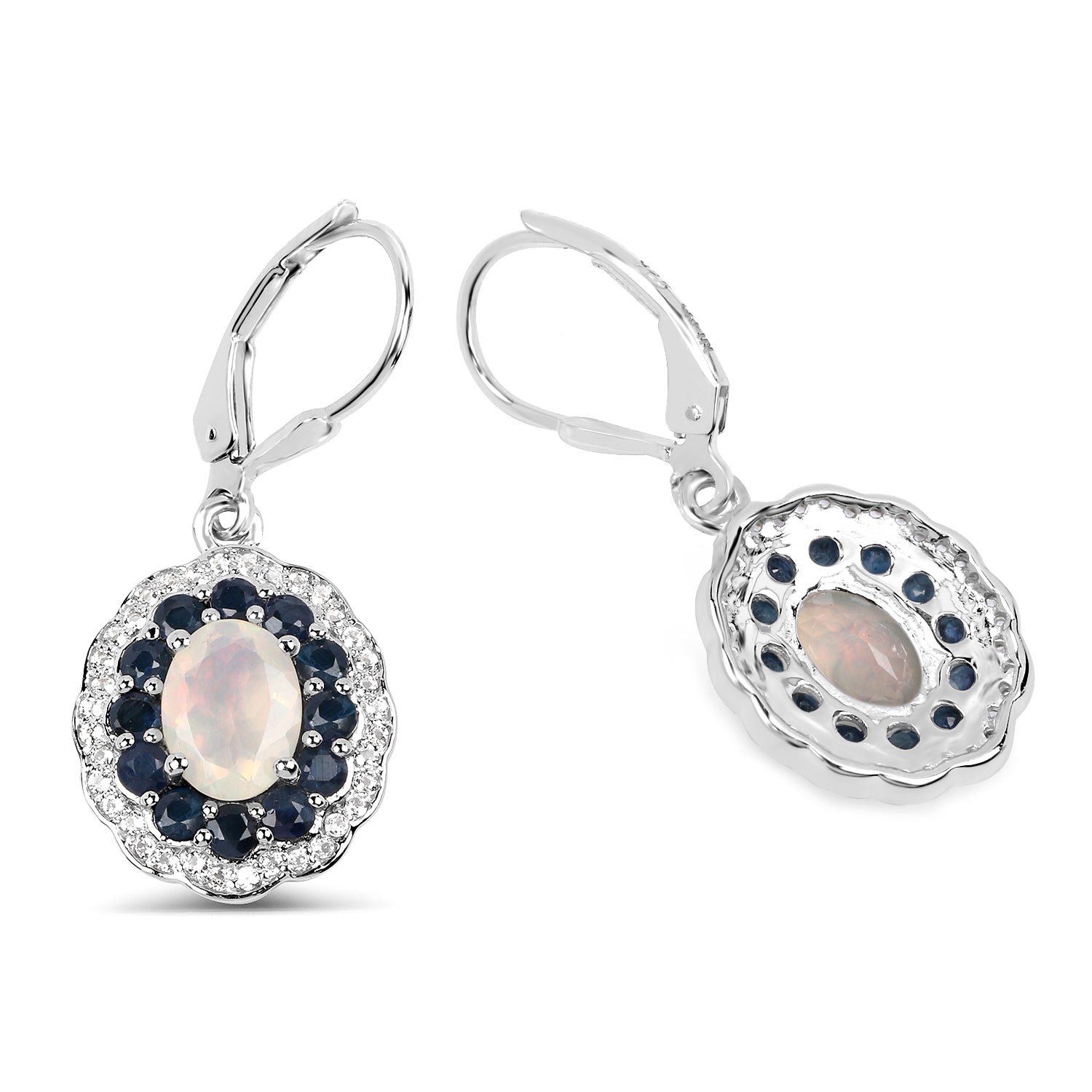2.80 Carat Genuine Ethiopian Opal, Blue Sapphire and White Topaz .925 Sterling Silver Earrings DestGlow