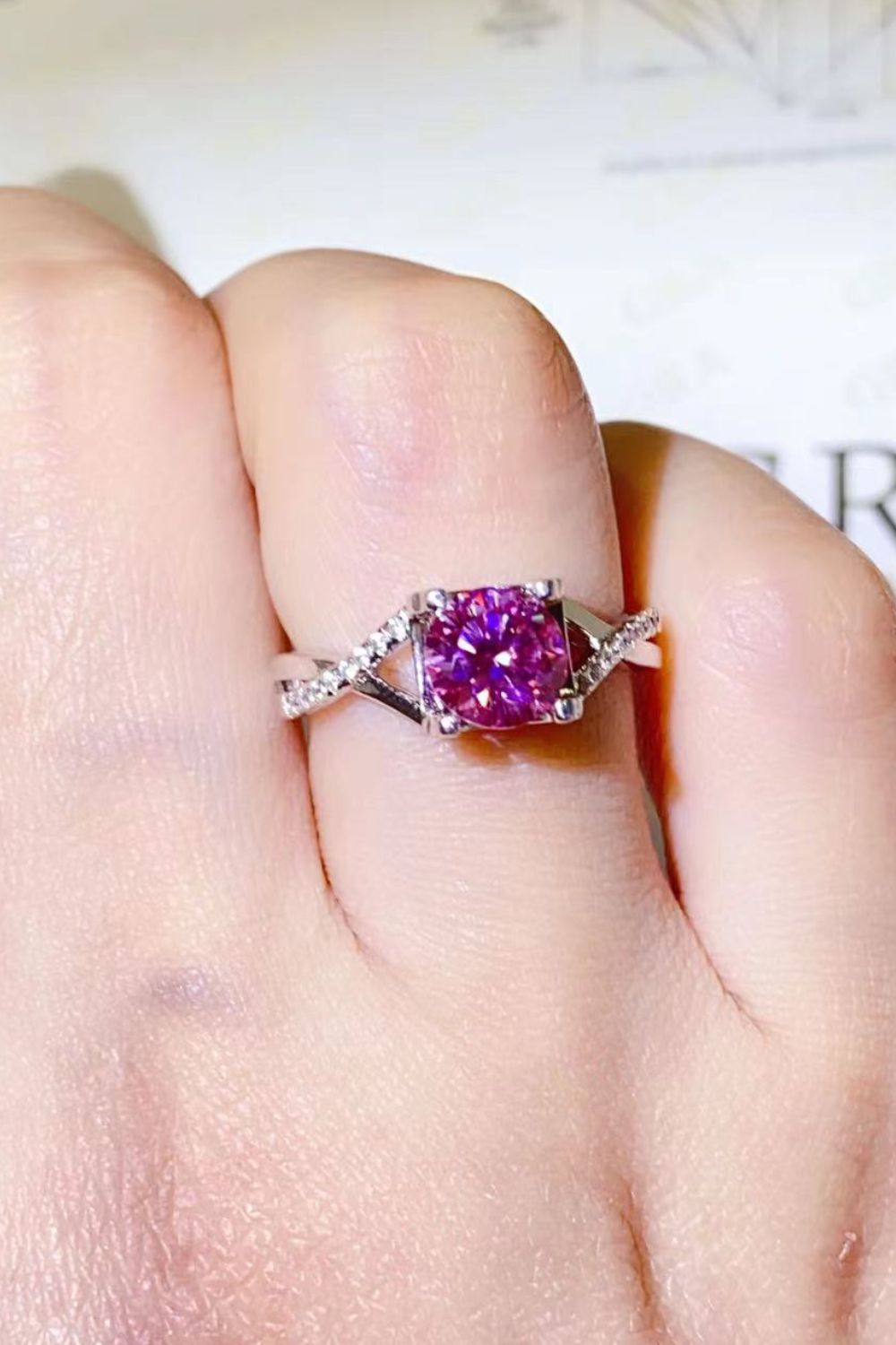 1 Carat Fuschia Pink Sparkala™ Crisscross Platinum Over Pure Sterling Silver Ring - DestGlow