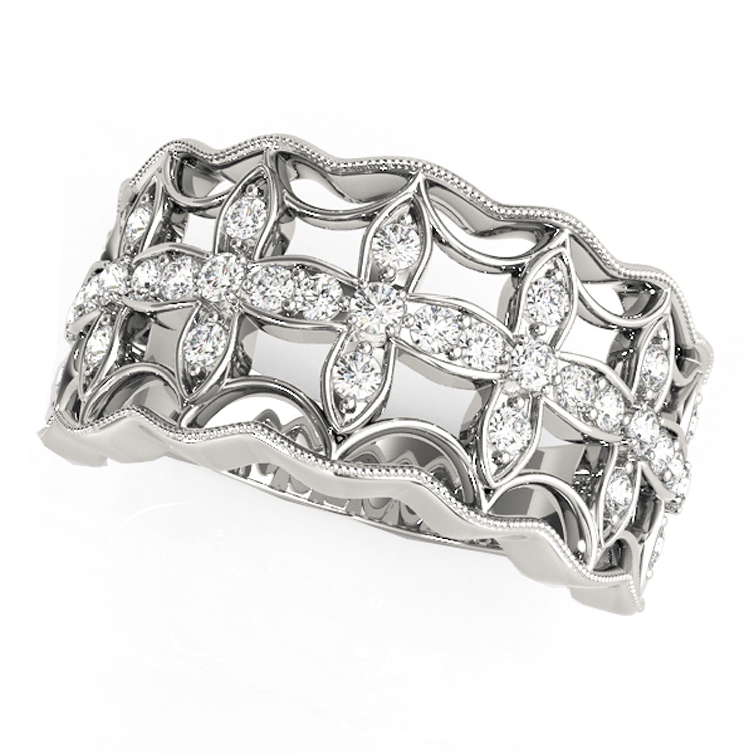 Diamond Studded Four Leaf Clover Motif Ring in 14k White Gold (1/4 cttw) by Bids.com