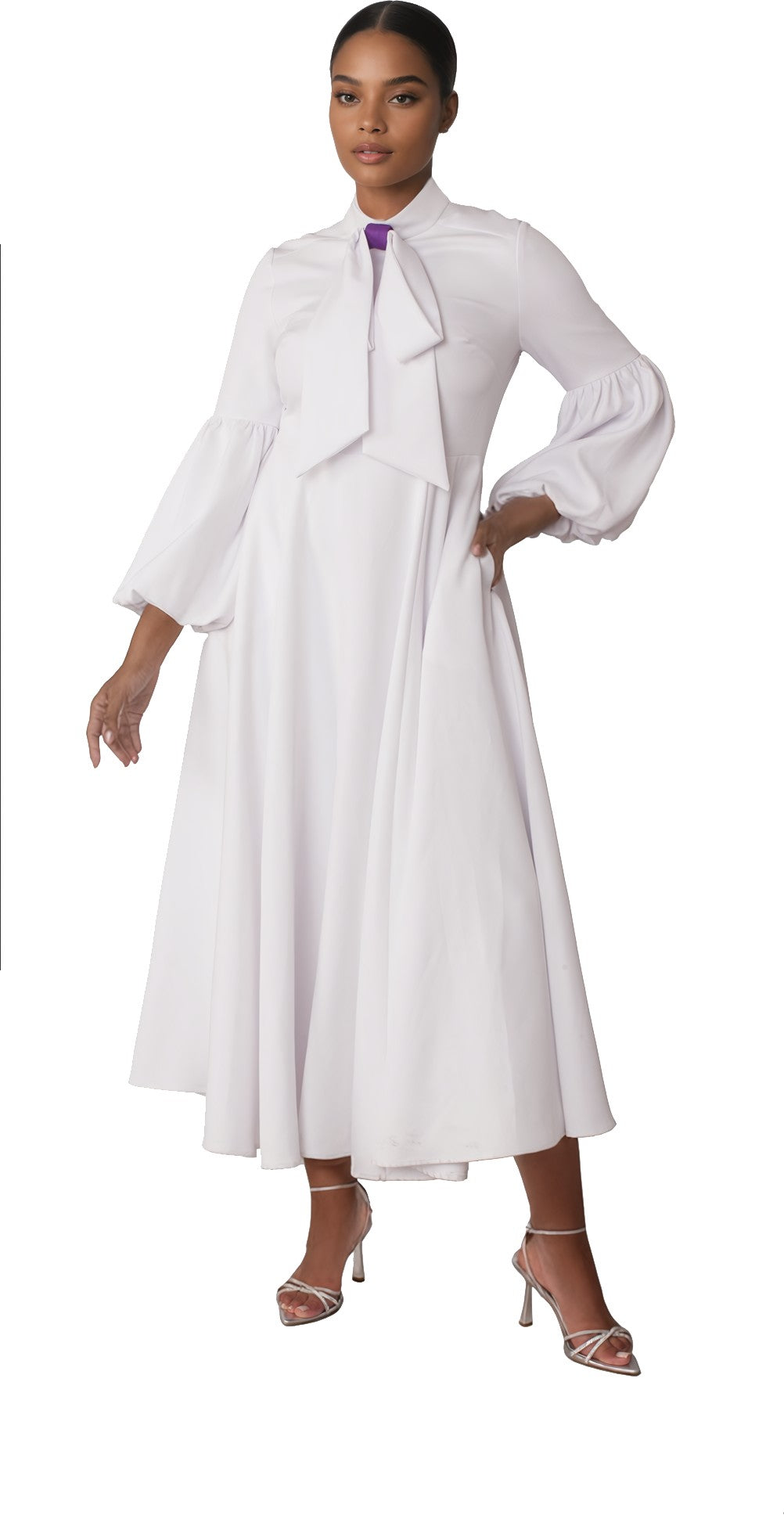 Modest Clergy Dress with Bell Sleeves and Tie Collar – 4846 by Tally Taylor