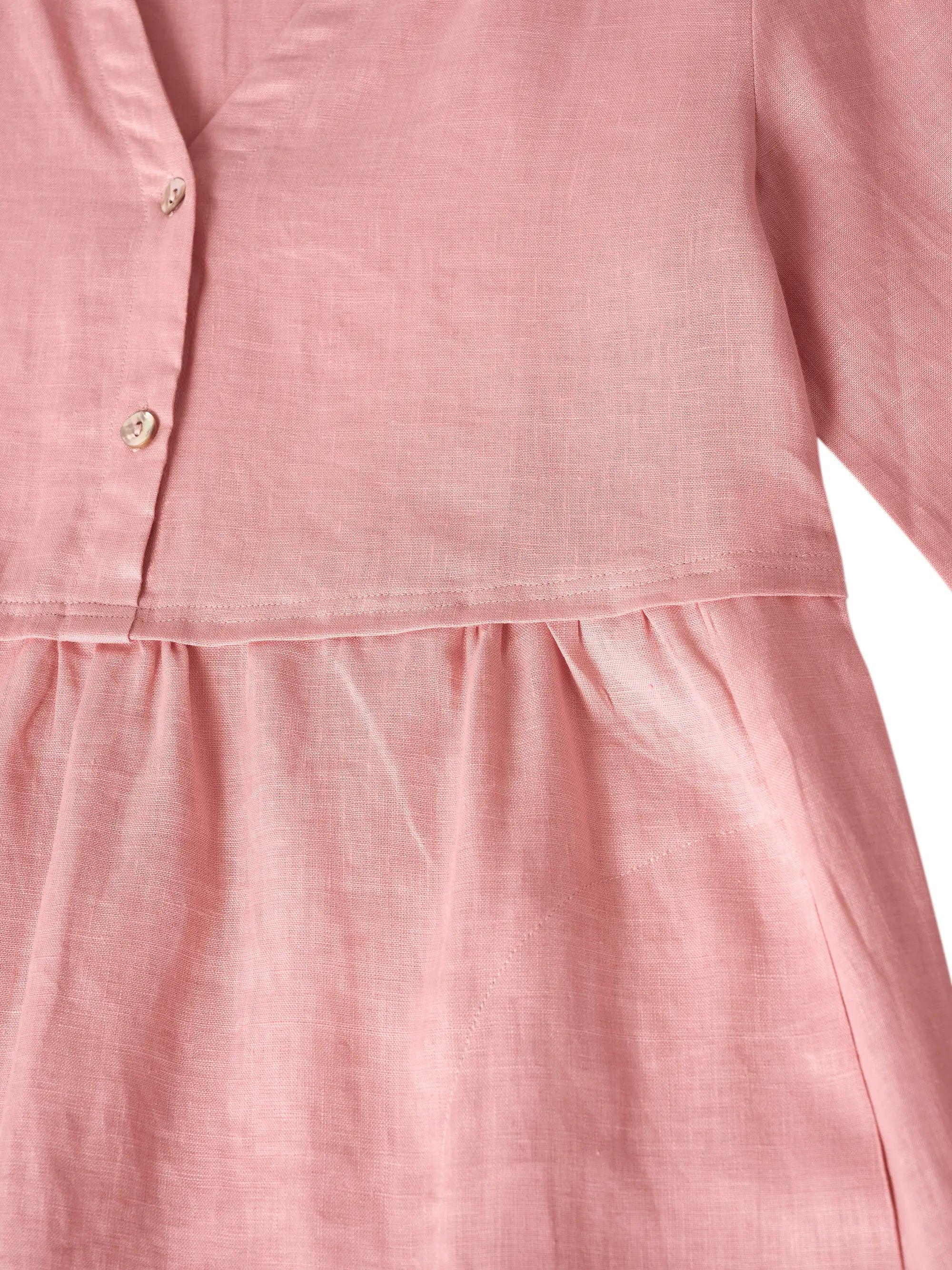 100% Linen Loose Fit Button Waist Gathered Midi Dress LUNA DestGlow