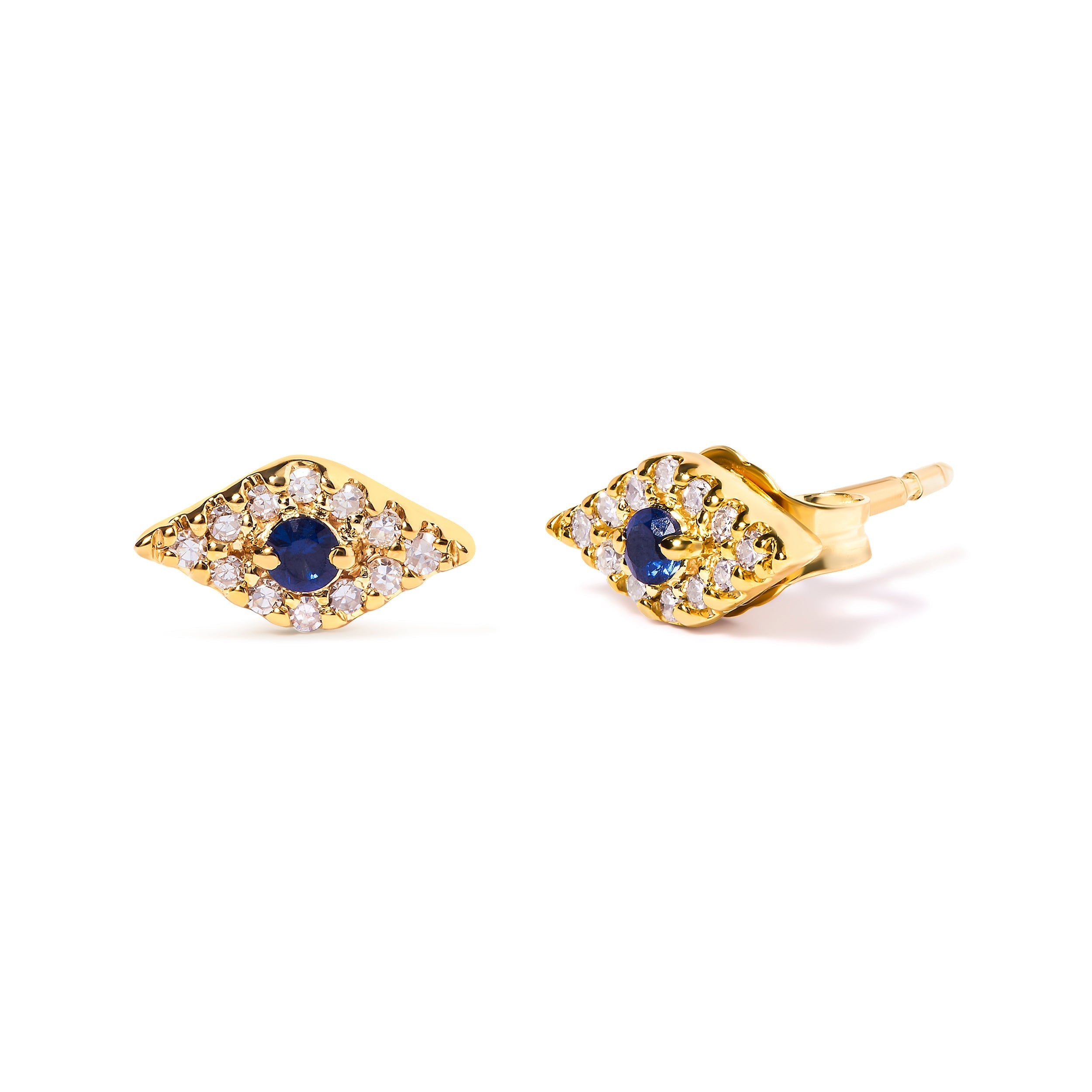10K Yellow Gold Blue Sapphire and Diamond Accent Evil Eye Stud Earring (H-I Color, I1-I2 Clarity) DestGlow