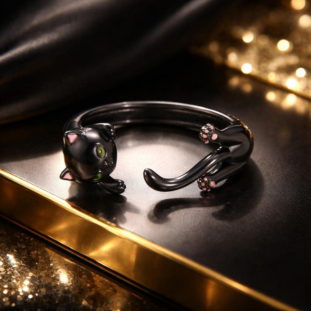 S925 Sterling Silver Plated Black Gold Cat-themed Ring for Women DestGlow