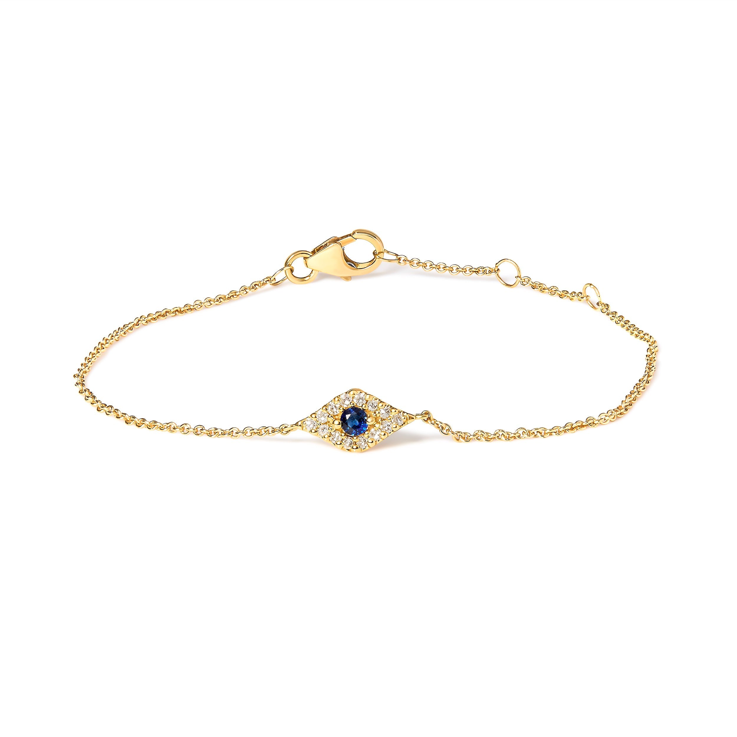 10K Yellow Gold Blue Sapphire and Diamond Accent Evil Eye Station Link Bracelet (H-I Color, I1-I2 Clarity) - Size 7" DestGlow