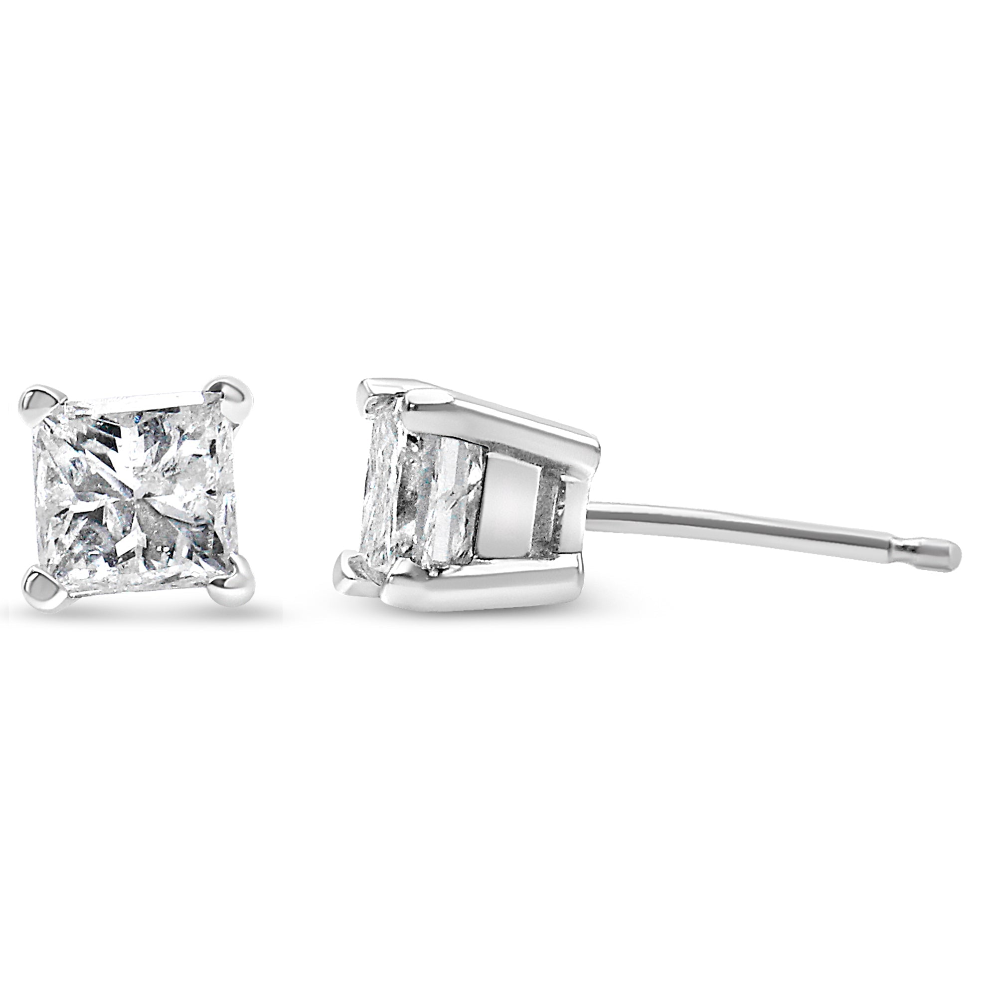 AGS Certified 14K White Gold 1.0 Cttw 4-Prong Set Princess-Cut Solitaire Diamond Push Back Stud Earrings (I-J Color, SI2-I1 Clarity) DestGlow