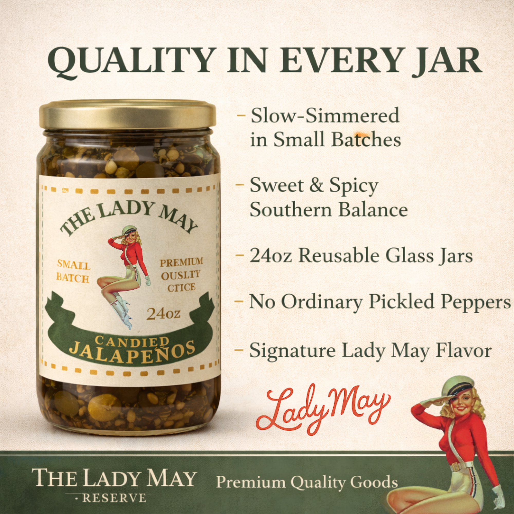 Sweet Heat Candied Jalapeños 2 pack – The Lady May’s Small-Batch Cowboy Candy | Sweet & Spicy Pickled Jalapeños in 24oz Glass Jar by The Lady May