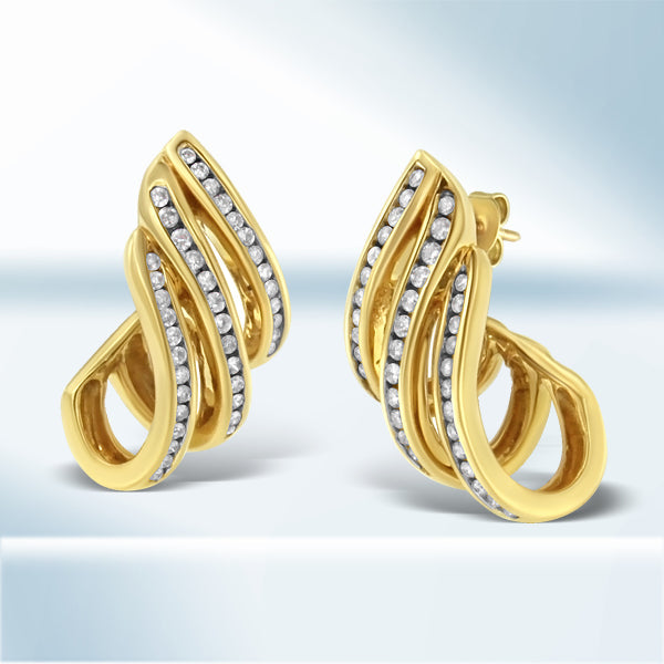 10K Yellow Gold 1.0 Cttw Round Brilliant Cut Diamond Spiral Multi Row Channel Set Open Hoop Pushback Stud Earrings (H-I Color, I1-I2 Clarity) by Bids.com